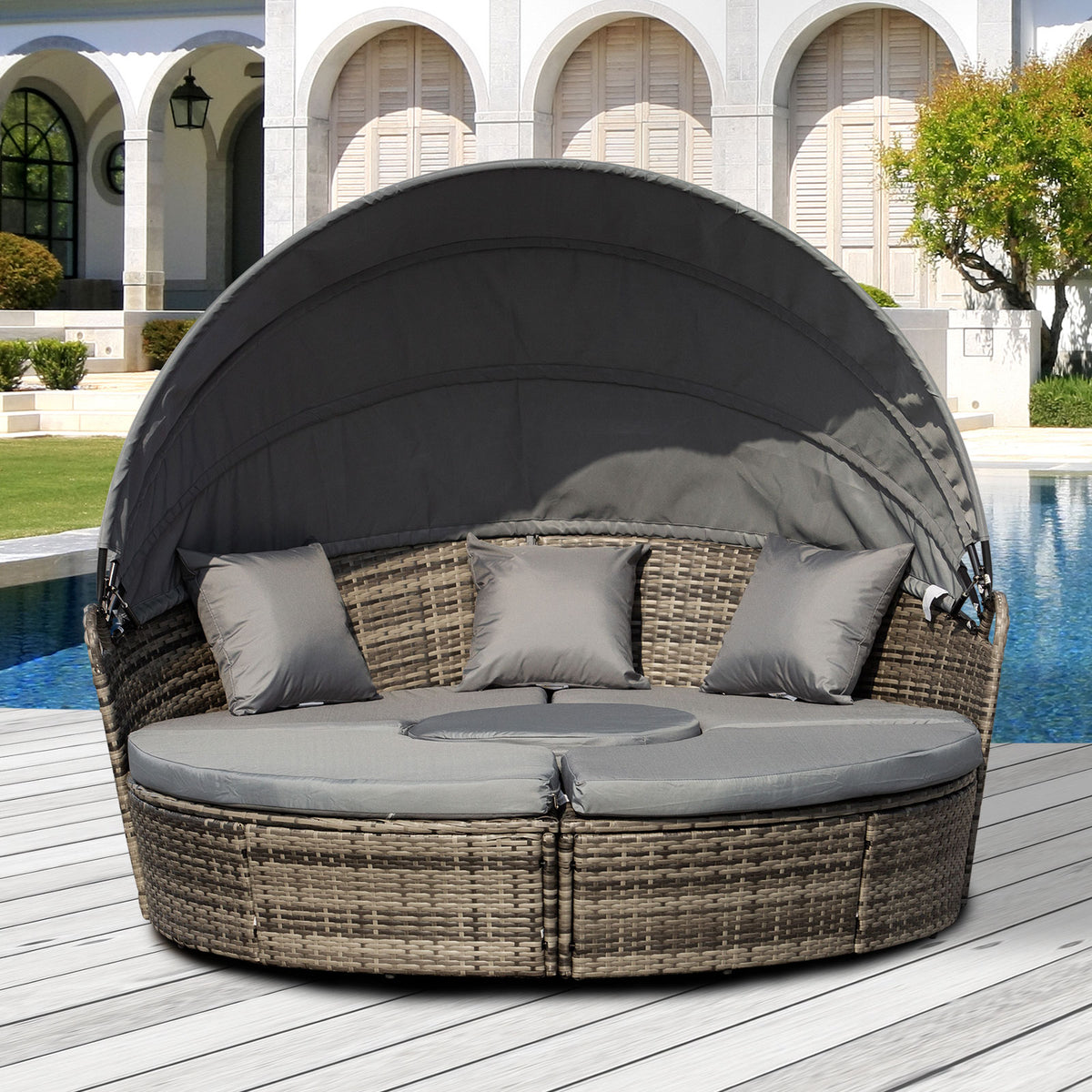 4-Piece Round Convertible Daybed with Cushions, Outdoor PE Rattan Patio Wicker Sofa Set, Dark Gray