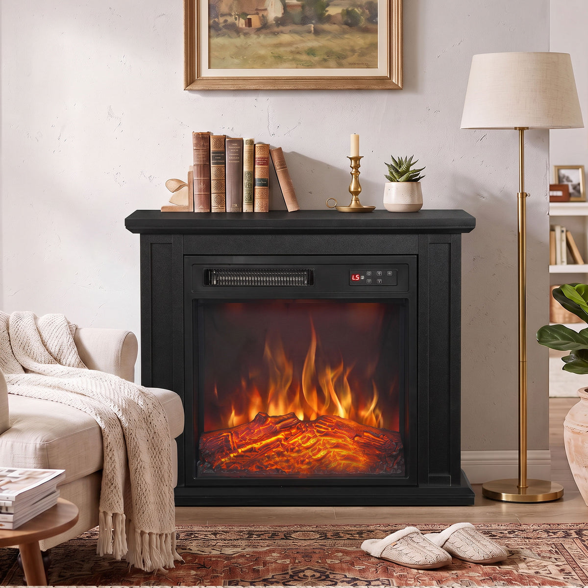 26" Electric Fireplace with Mantel, 1400W Freestanding Fireplace TV Stand with Adjustable Flame, Timer, Remote, Black