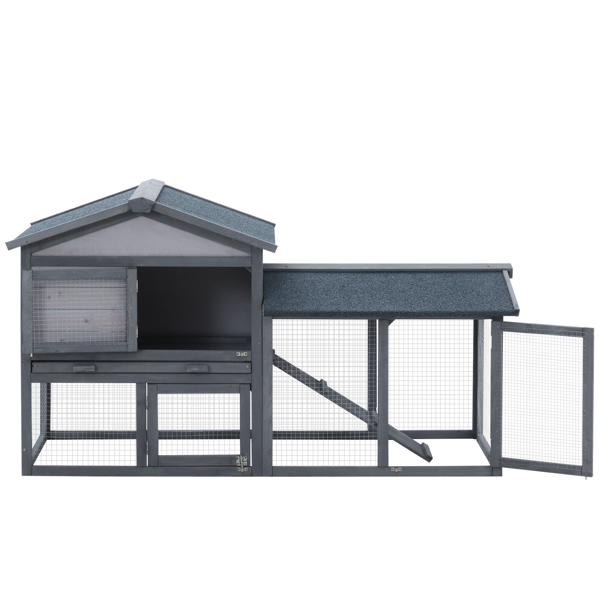 58" Large Rabbit Hutch Outdoor Indoor, Wooden Bunny Hutch, Guinea Pig Cage with Run, Removable Tray, Asphalt Roof, Lockable Doors and Ramp, for 1-2 Small Rabbits, Chickens, Ducks, Dark Gray - Grey - Image 8