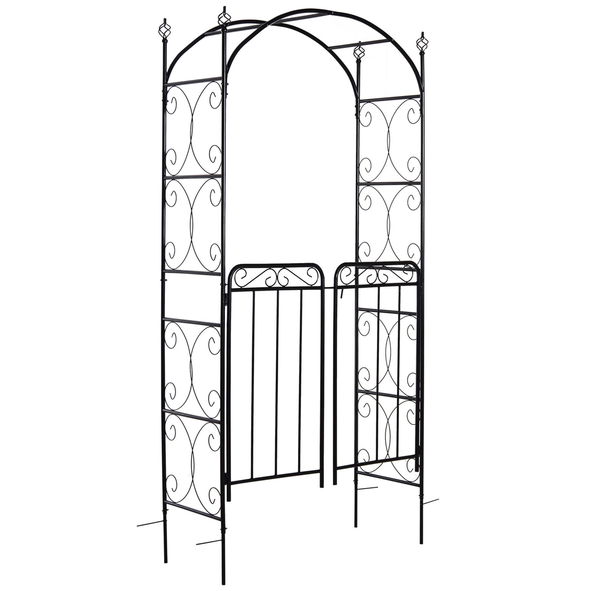 84" Garden Arch Arbor with Gate, Metal Arch Trellis, Garden Archway for Climbing Vines, Wedding Ceremony Decoration, Flourishes & Arrow Tips, Black - Matte Black