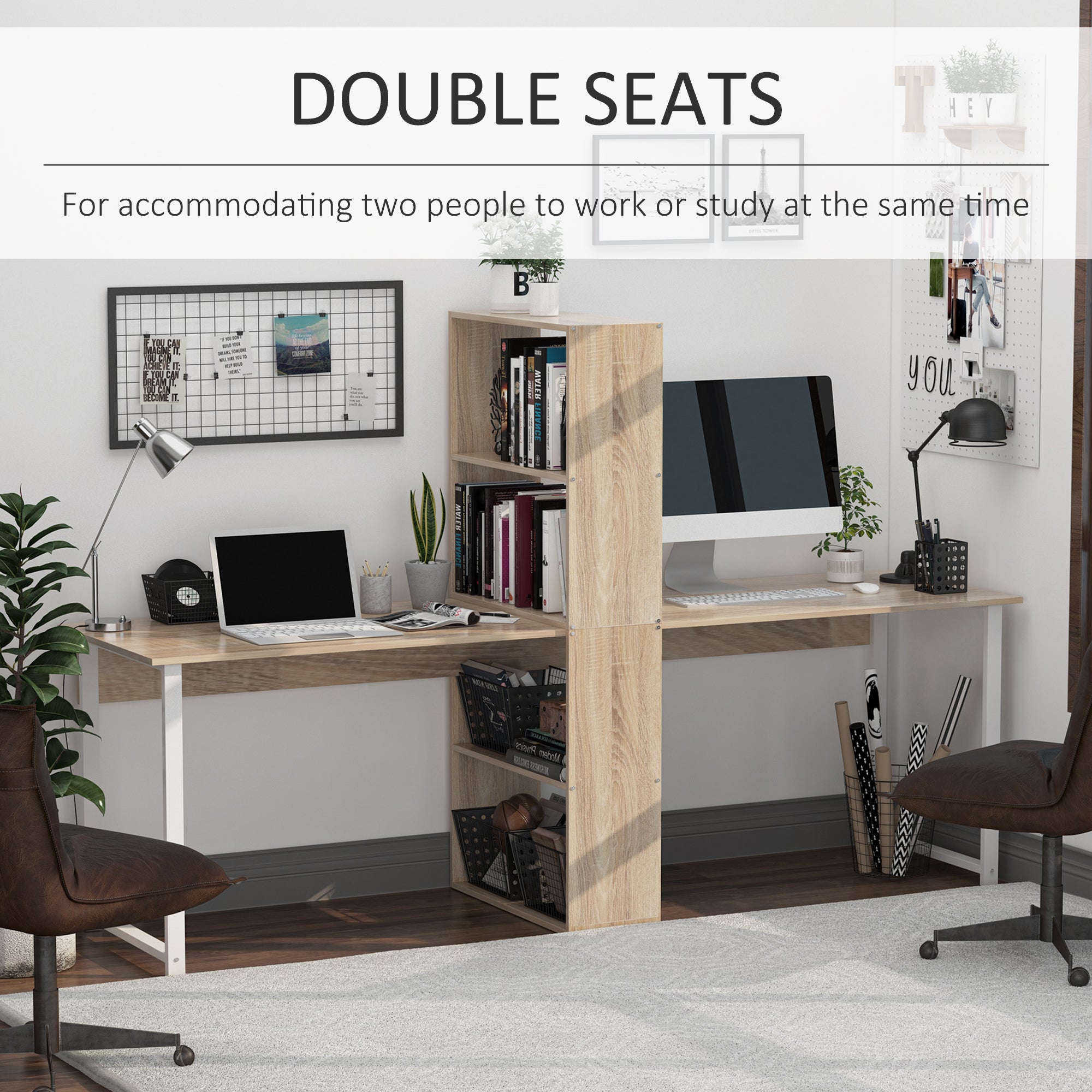 88" Extra Long 2-Person Computer Desk with Storage Shelves Combo, Double Workstation Storage Study Writing Table for Home Office, Bookshelf, Natural Wood Color