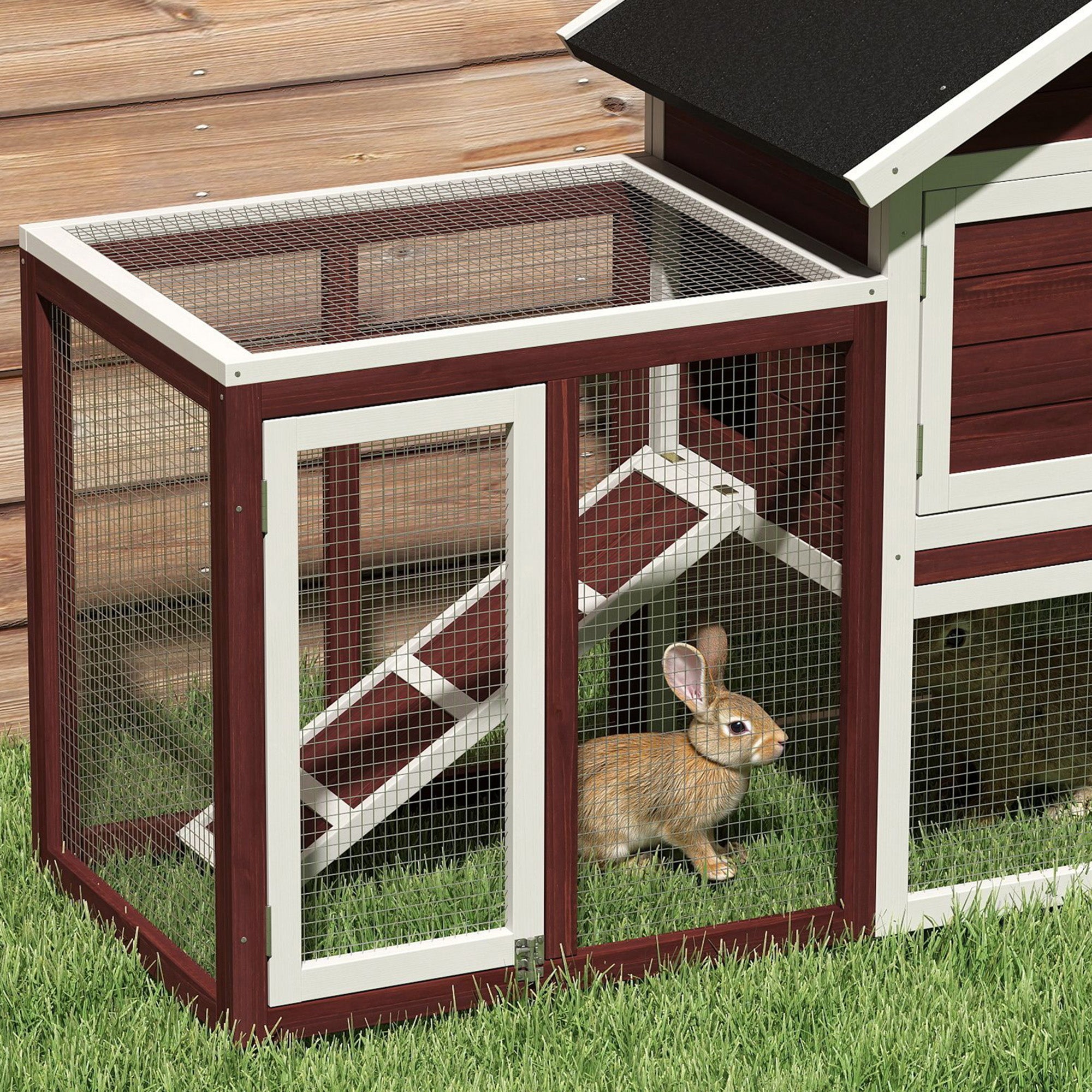 49" Wooden Rabbit Hutch Bunny Cage with Waterproof Asphalt Roof, Fun Outdoor Run, Removable Tray and Ramp, for Rabbits, Chickens, Ducks, Brown - Brown and White - Image 8