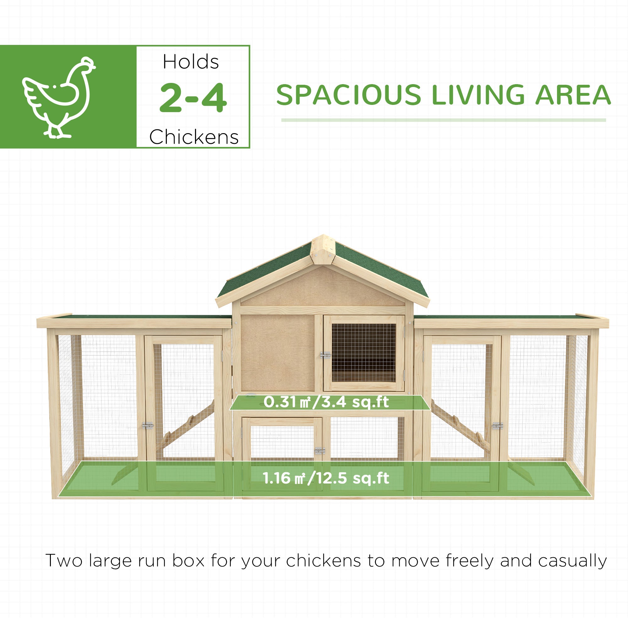 Wooden Chicken Coop ith Nesting Box, Double Runs, Removable Tray, Ramps, for Garden Backyard - Natural Wood - Image 4