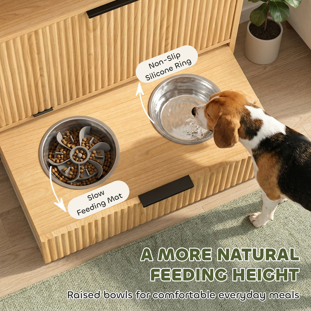 Dog Feeding Station with Storage, Hidden Pet Feeding Station with 2 Elevated Bowls, Tilt Out Storage Cabinet