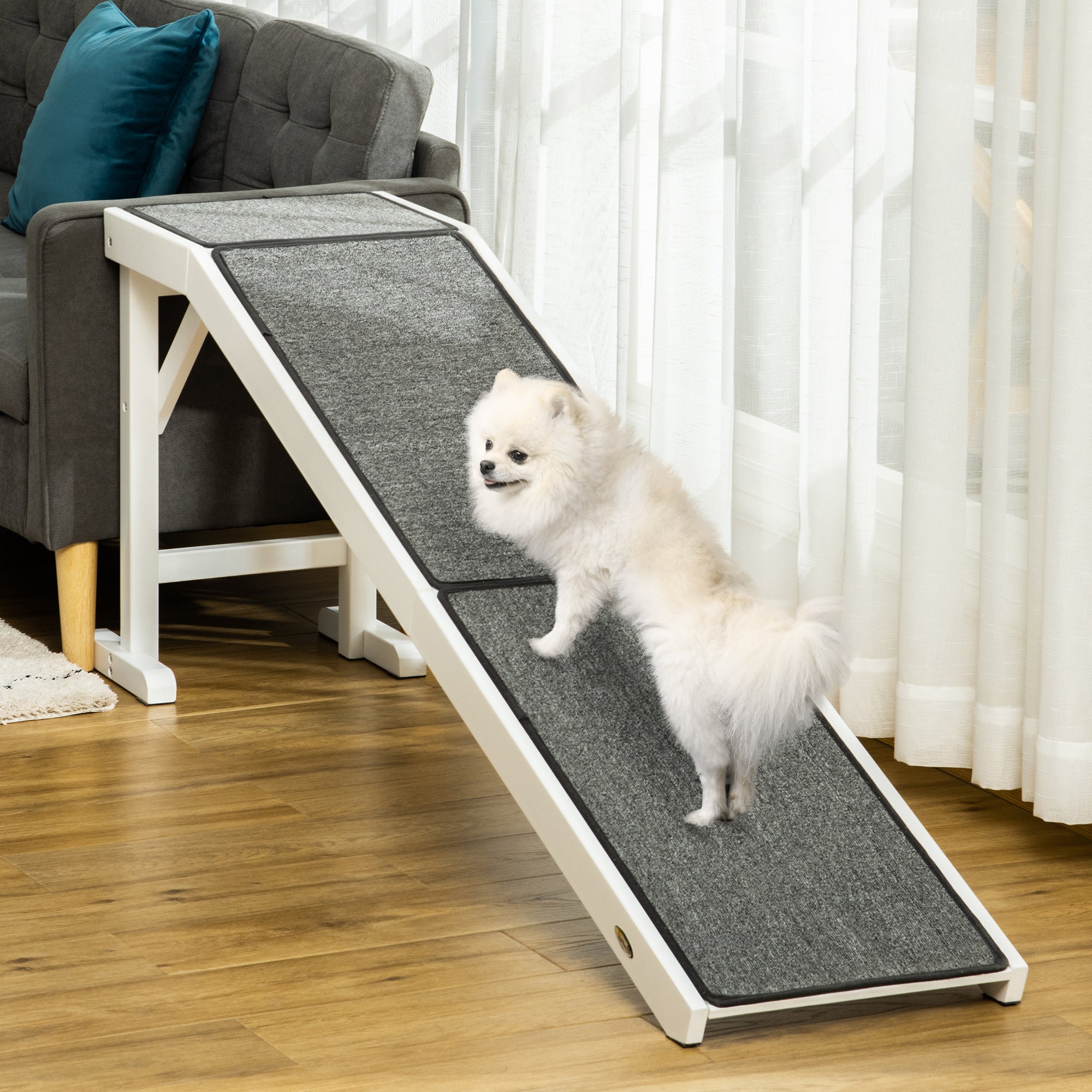 Dog Ramp Foldable with Non-slip Carpet Top Platform, Gray, White - White - Image 2