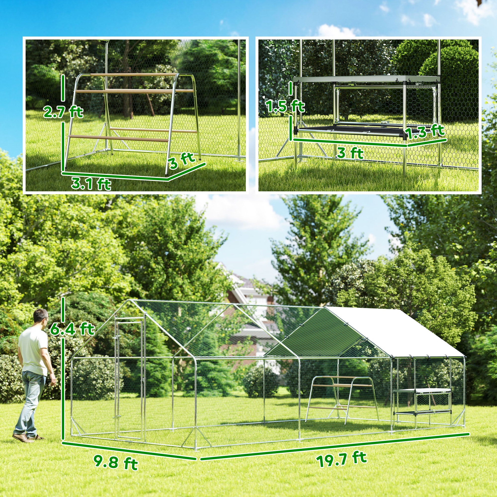 Large Metal Chicken Coop with Waterproof Cover, Roosting Bar, Nesting Box, 9.8' x 19.7' x 6.4' - Silver - Image 3