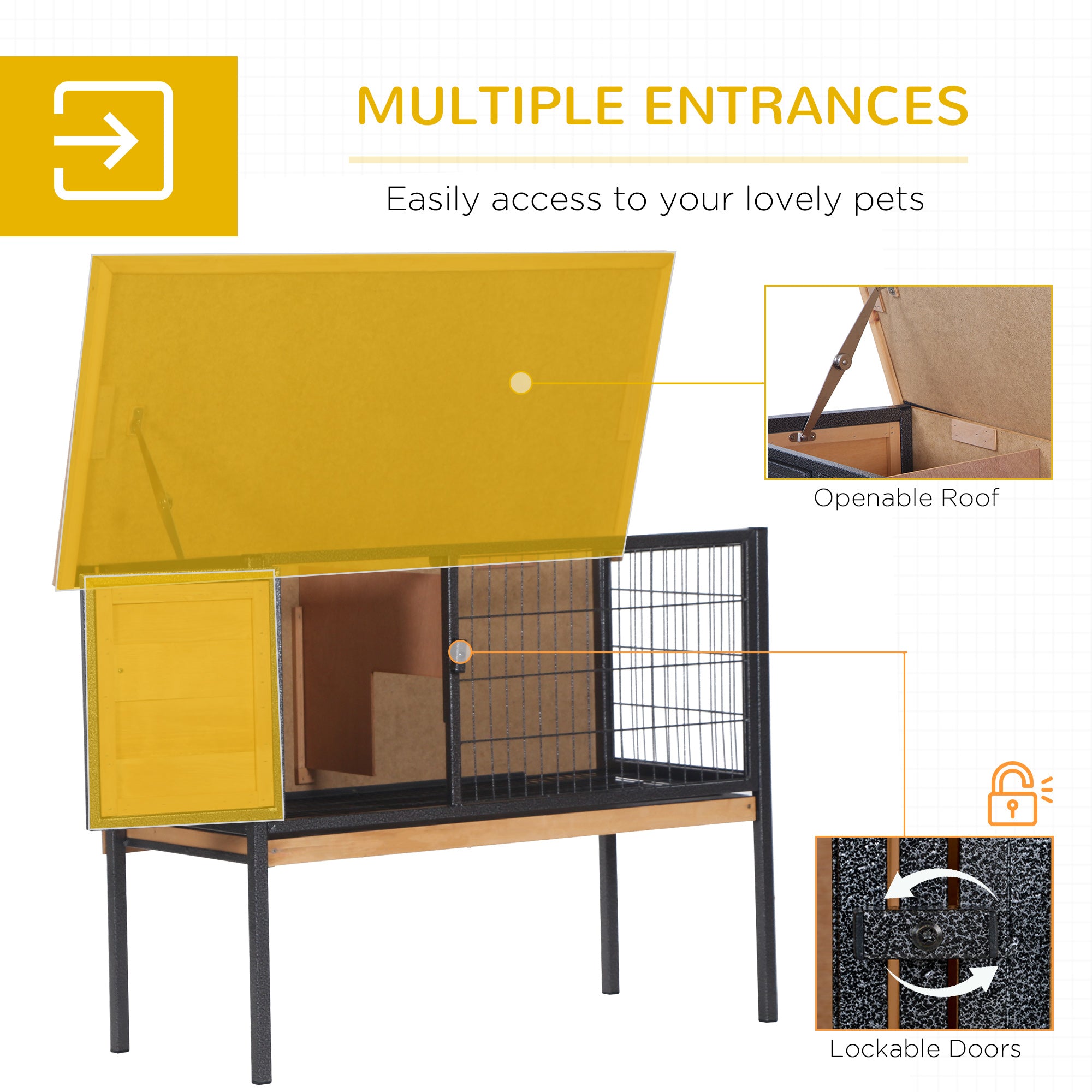Rabbit Hutch Elevated Bunny Cage Small Animal Habitat with Metal Frame, No Leak Tray, Metal Wire Pan, Openable Water-Resistant Asphalt Roof for Rabbits, Chickens, Ducks, Indoor/Outdoor Natural - Natural Wood, Black - Image 5