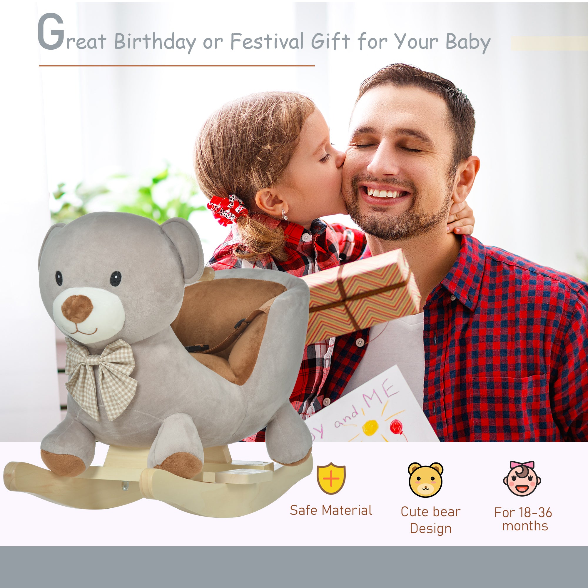 Bear-Shaped Kids Rocking Horse with Sound for 18-36 Months, Gray