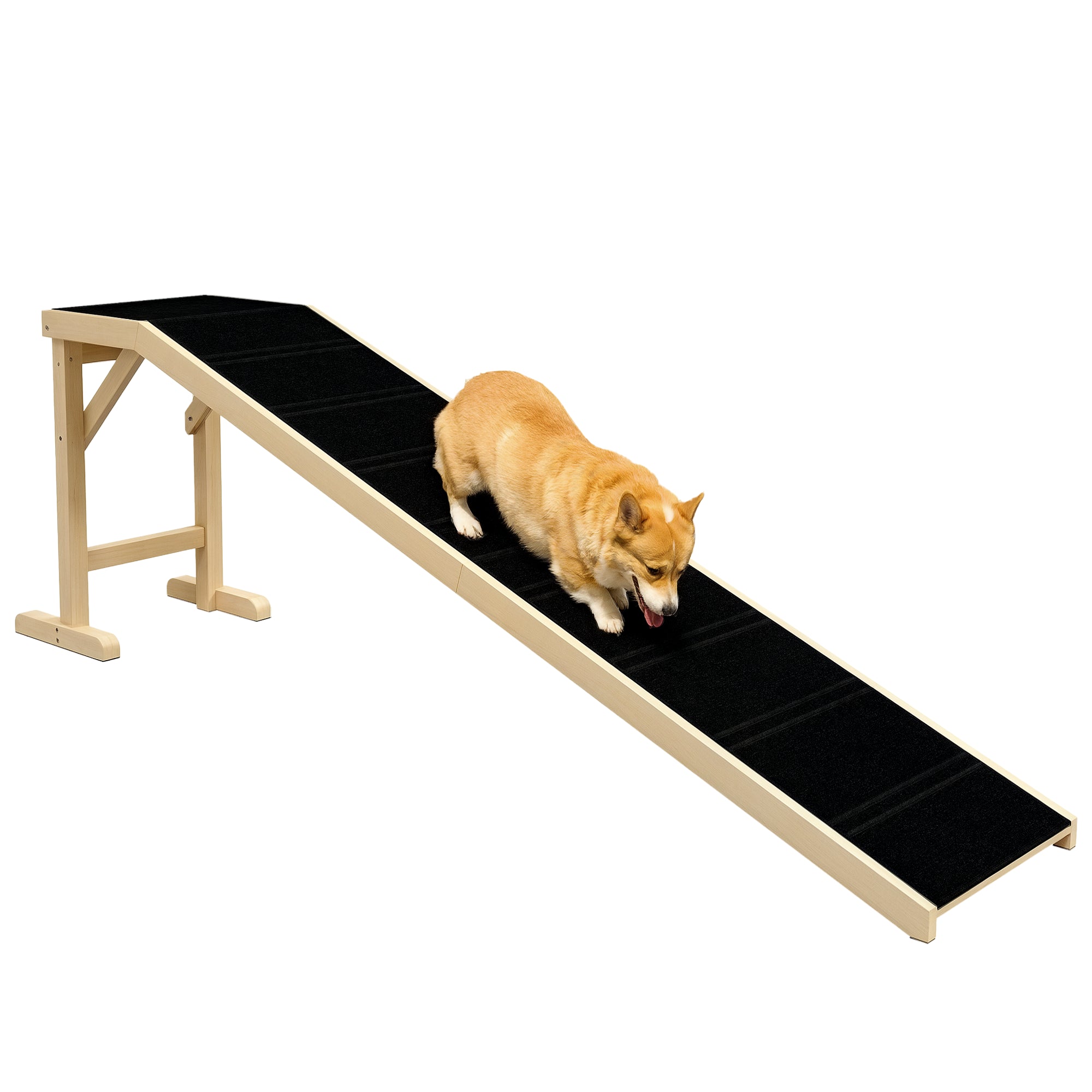Dog Ramp for Bed, Pet Ramp for Dogs with Non-Slip Carpet and Top Platform, 74" x 16" x 25", Natural - Natural Wood