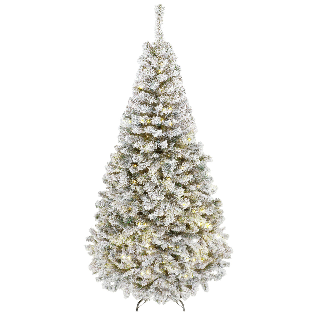 7.5ft Flocked Prelit Christmas Tree, Fraser Fir, Hinged Xmas Tree with LEDs, Foldable Metal Base, Green White