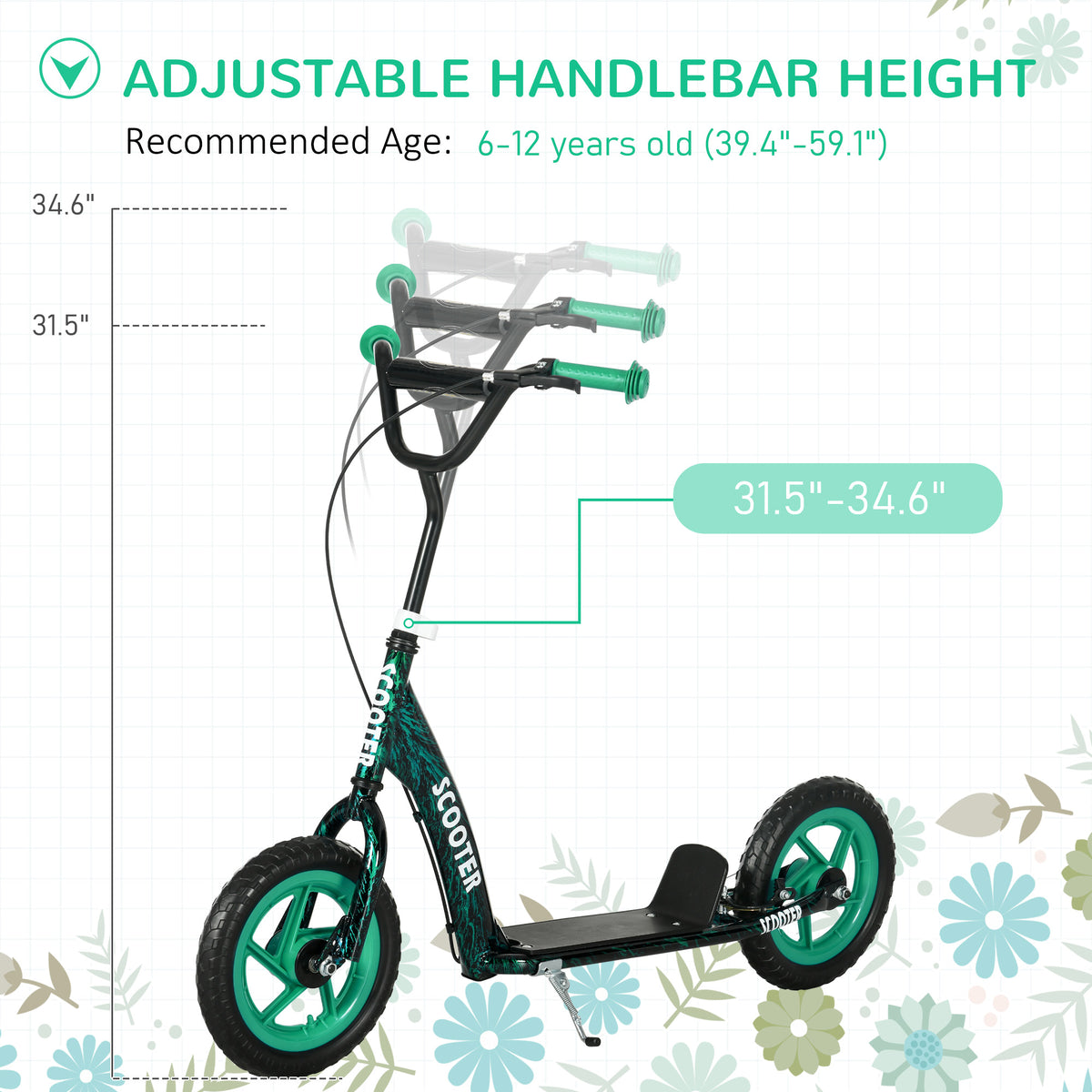 Kids Scooter with Adjustable Handlebar, Kids Kick Scooter with Non-slip Footplate, Rear Brake, 12" EVA Wheels, Green
