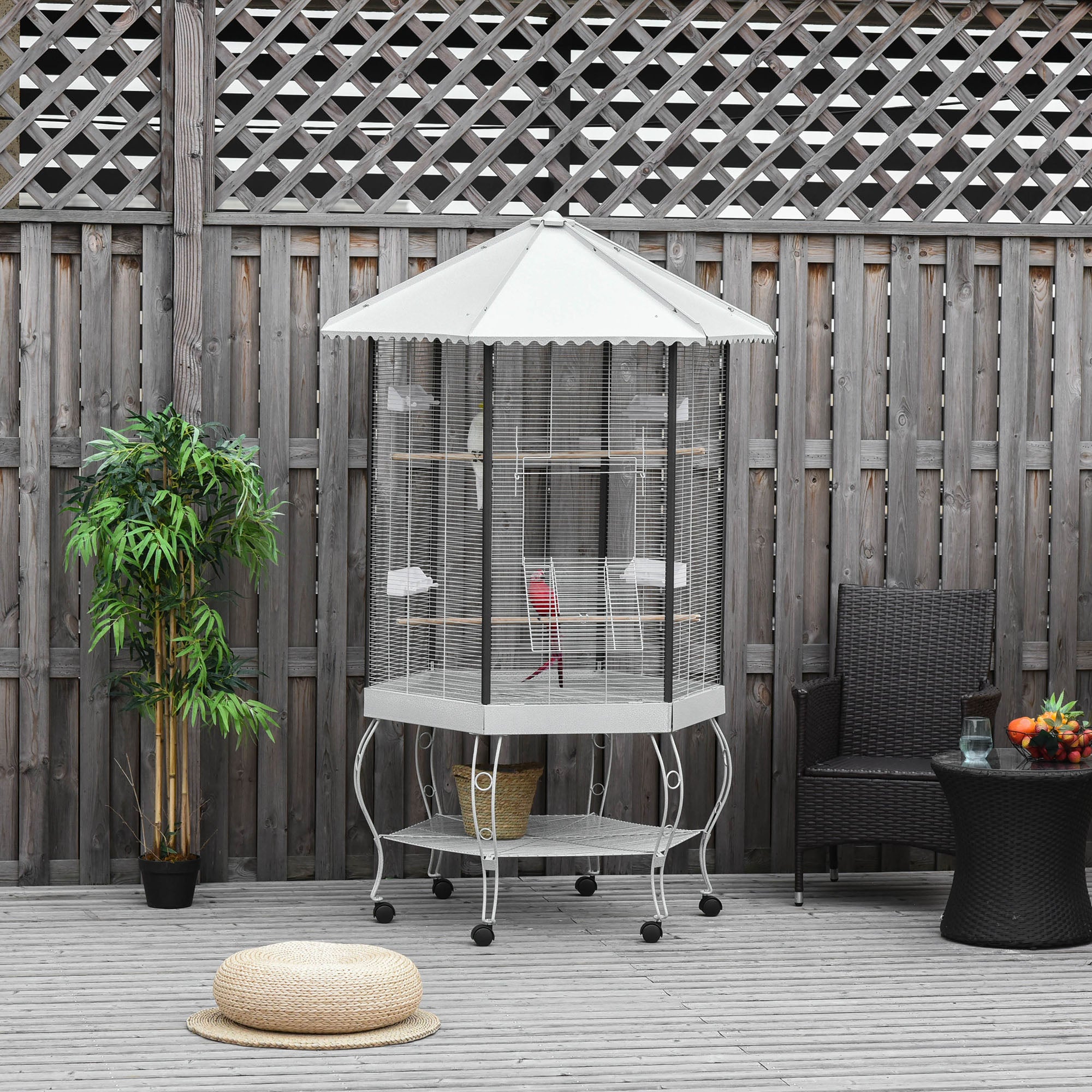 77" Flight Bird Cage Hexagon Covered Canopy Portable Aviary With Storage - White - Image 7