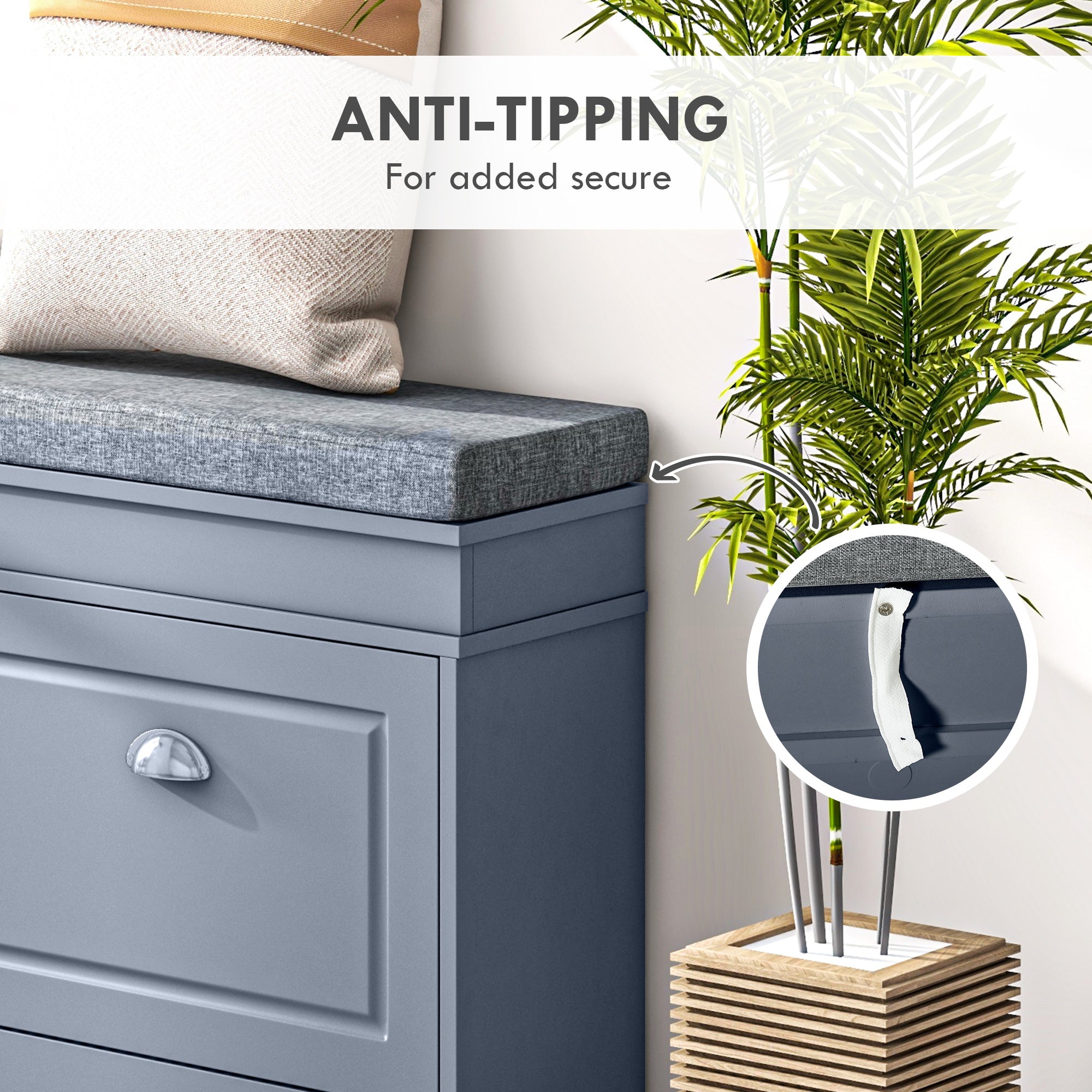 Modern Shoe Storage Bench, Entry Way Bench with Cushion, 2 Drawers, Storage Ottoman Bench, Holds 8 Pairs, Gray