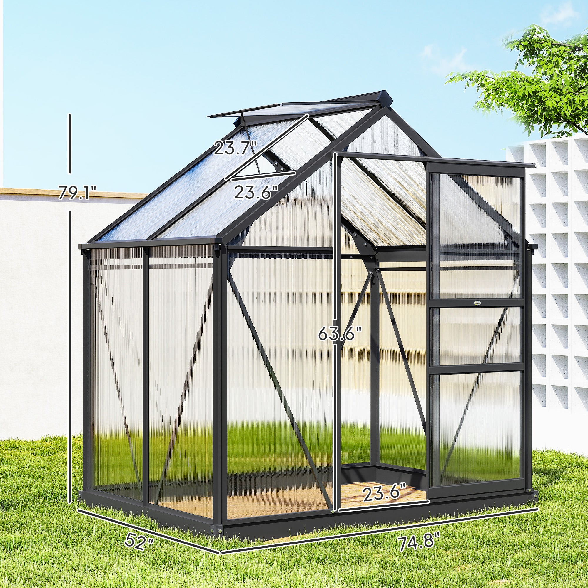 Polycarbonate Greenhouse, Heavy Duty Outdoor Aluminum Walk-in Green House Kit Vent Door, 6.2'x4.3'x6.6' Gray - Gray - Image 3
