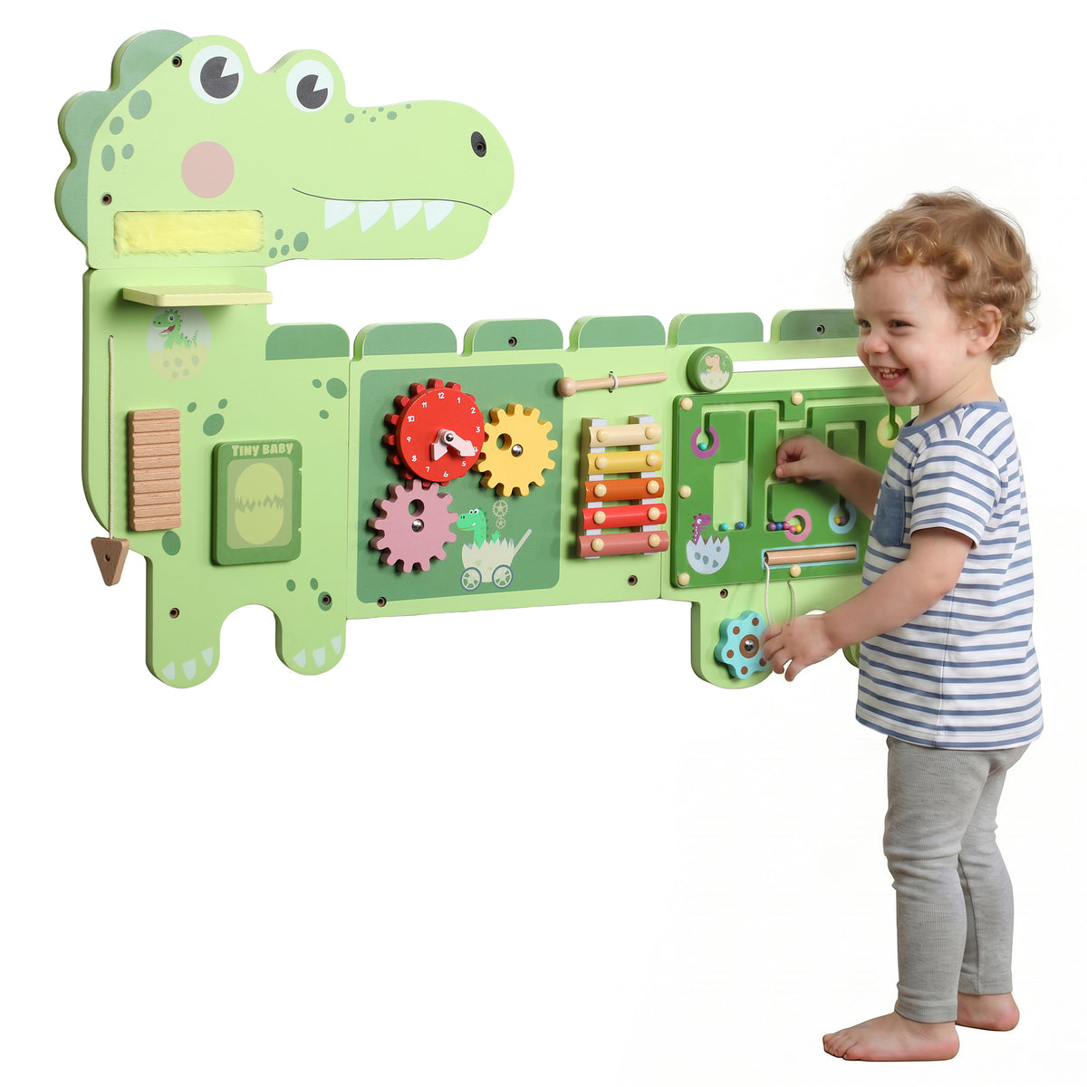 Qaba Busy Board Panels Wall-Mounted Montessori Sensory Toys Sensory Wall MDF 87 x 52 x 5.5 cm Dinosaur, Green