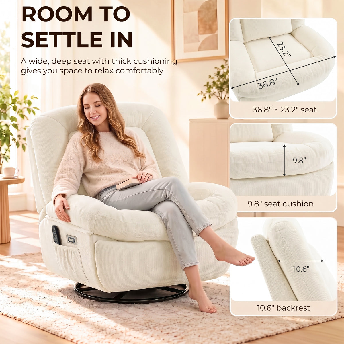 Oversized Power Recliner Chair with Massage and Heat, USB Port, Overstuffed Chenille Swivel Rocker Recliner, Cream White
