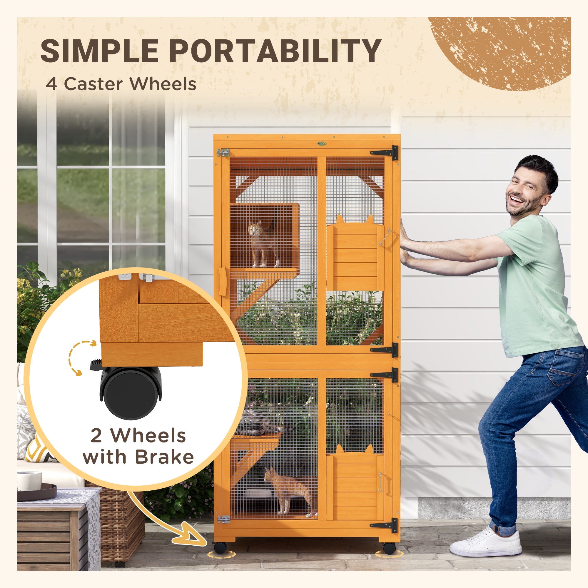 Large Cat House for 1-3 Cats on Wheels Wooden Catio Enclosure Orange - Orange - Image 6