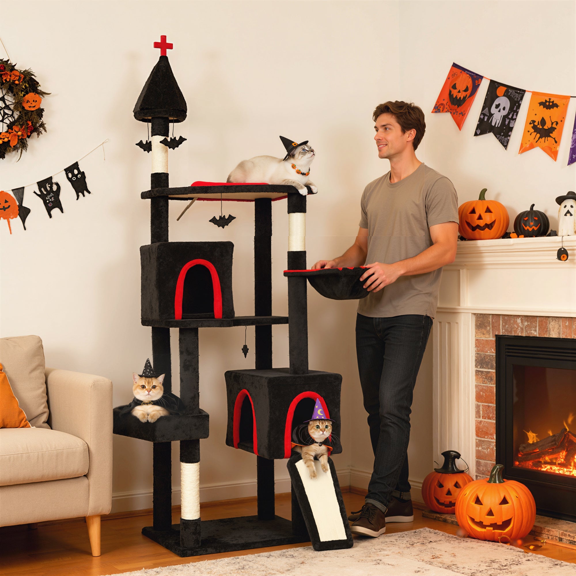 78" Gothic Cat Tree, Cat Tower with Coffin Bed, 2 Spacious Condos, Sisal Scratching Posts, Bat Hanging Balls, Halloween - Black - Image 2