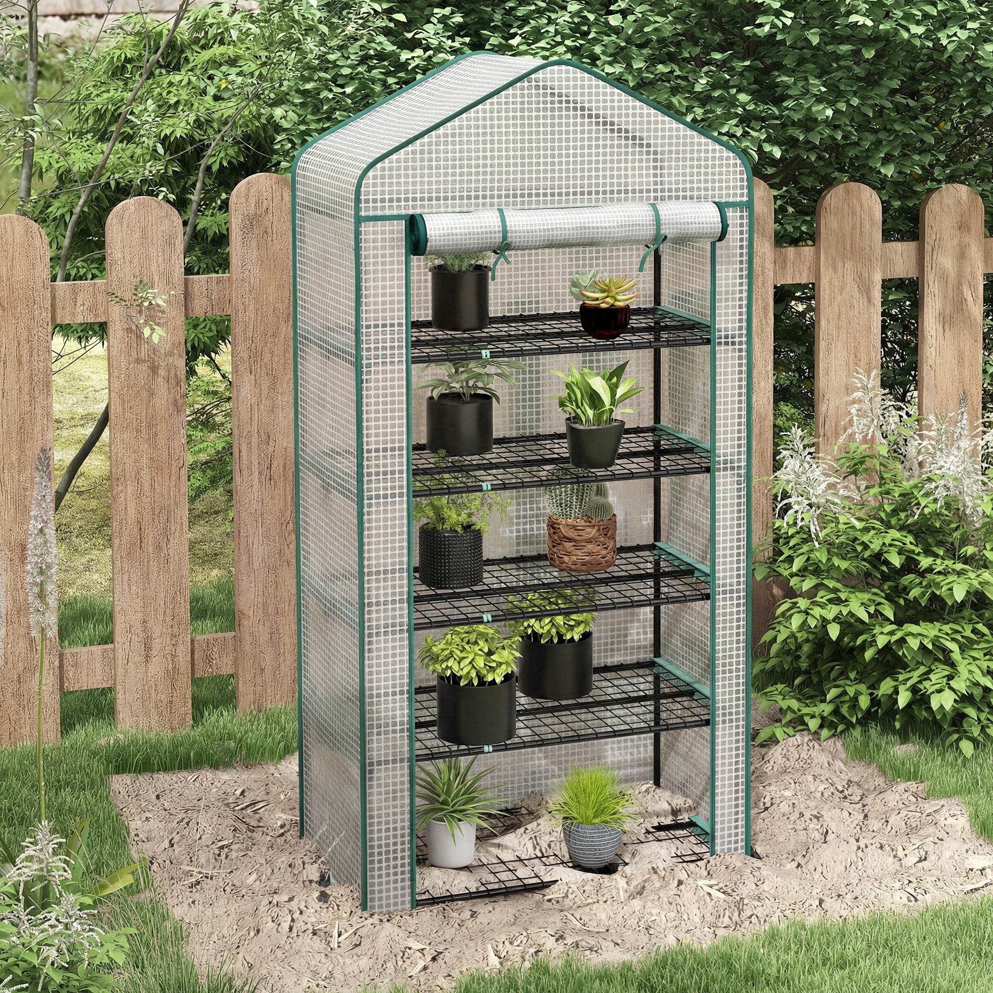 5 Tier Mini Greenhouse, Small Portable Greenhouse with PE Cover, Roll-Up Zippered Door, 76" x 35.4" x 19.3", White - White - Image 2