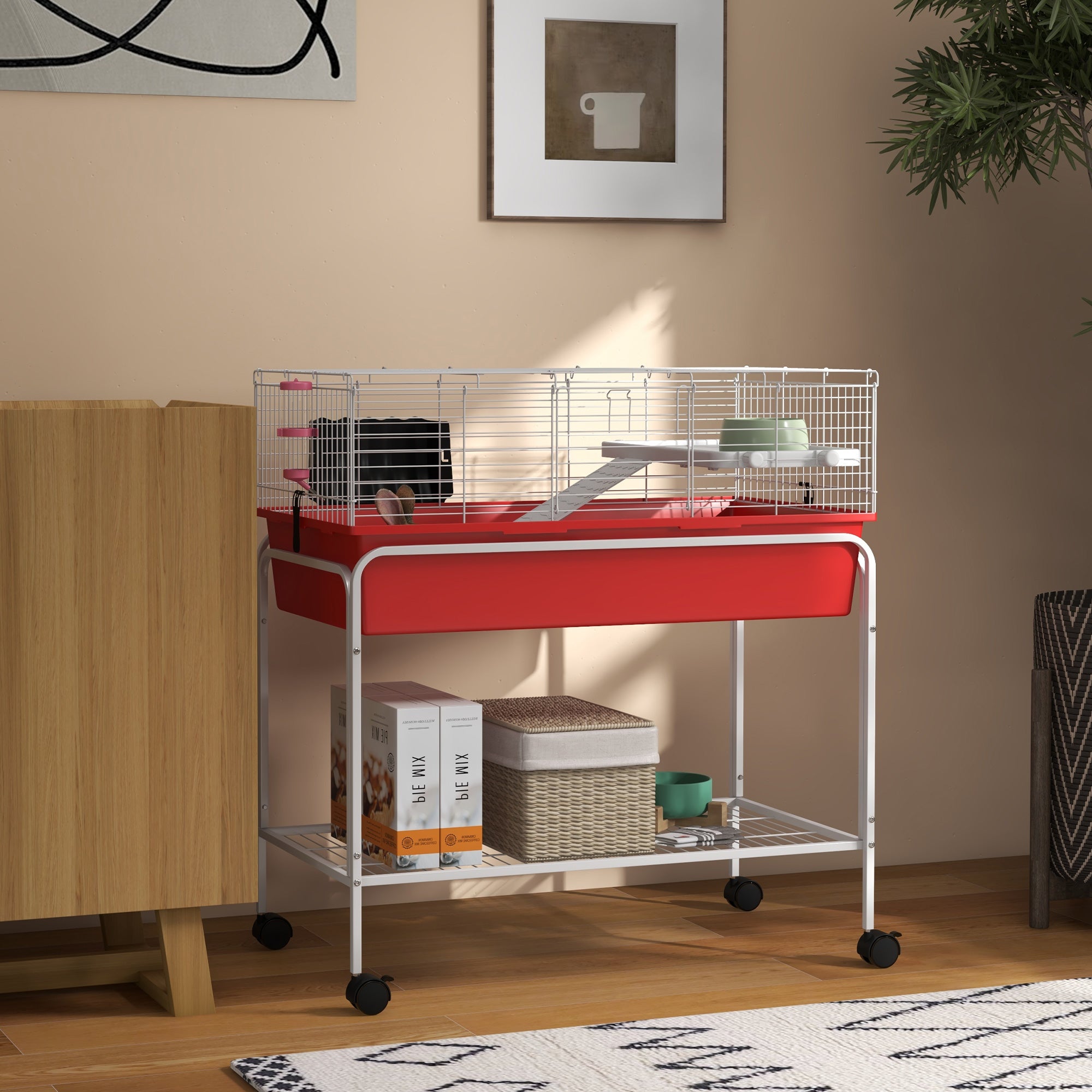 Two-Story Small Animal Cage Removable from Stand, Pet Habitat with Shelf & Wheels, 33" x 18.5" x 35", Red - Red - Image 2