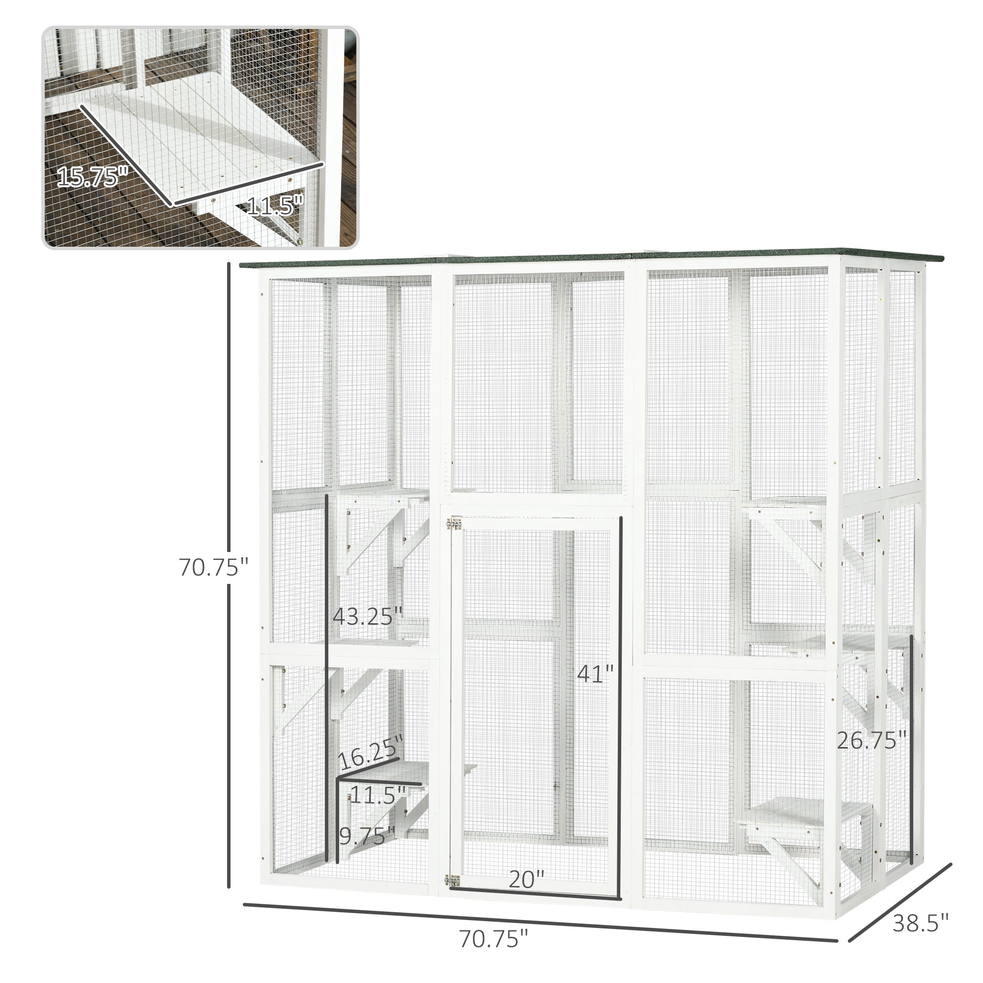 Outdoor Cat House Big Catio Wooden Feral Cat Shelter Enclosure with Large Spacious Interior, 6 High Ledges, Weather Protection Asphalt Roof, 71" L, White - White - Image 3