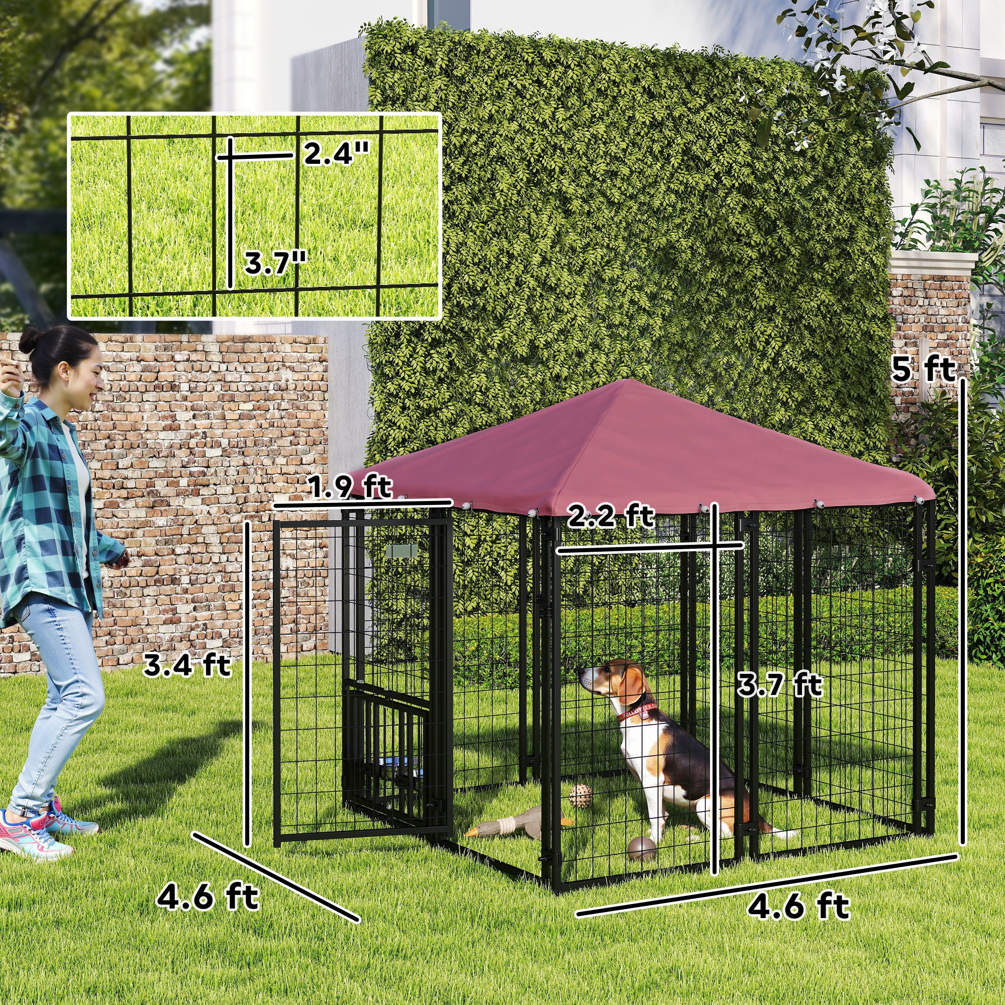 Welded Wire Outdoor Dog Kennel with 360° Rotating & 4 Levels Adjustable Bowls, Waterproof Cover, 4.6' x 4.6' x 5' - Red - Image 3