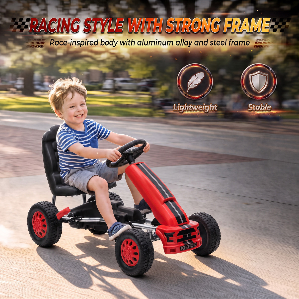 Lightweight Pedal Go Kart with Steering Wheel, Go Cart Ride on Toy with Adjustable Seat for 3+ Years, Red