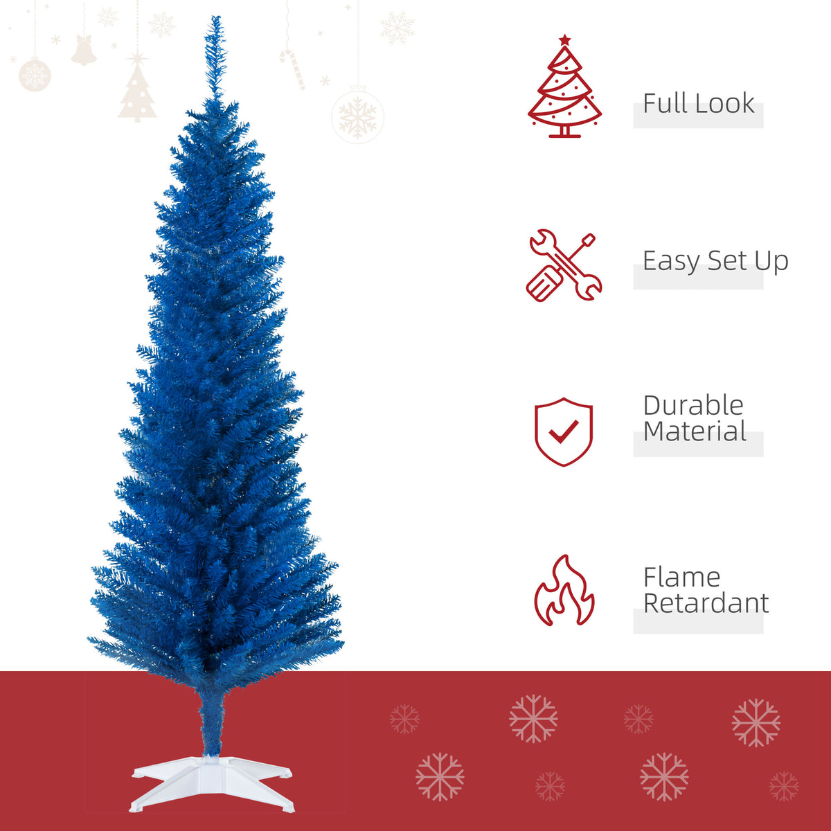 5FT Decorated Christmas Tree, Pencil Christmas Tree with 294 Realistic Branch Tips and Plastic Stand, Blue