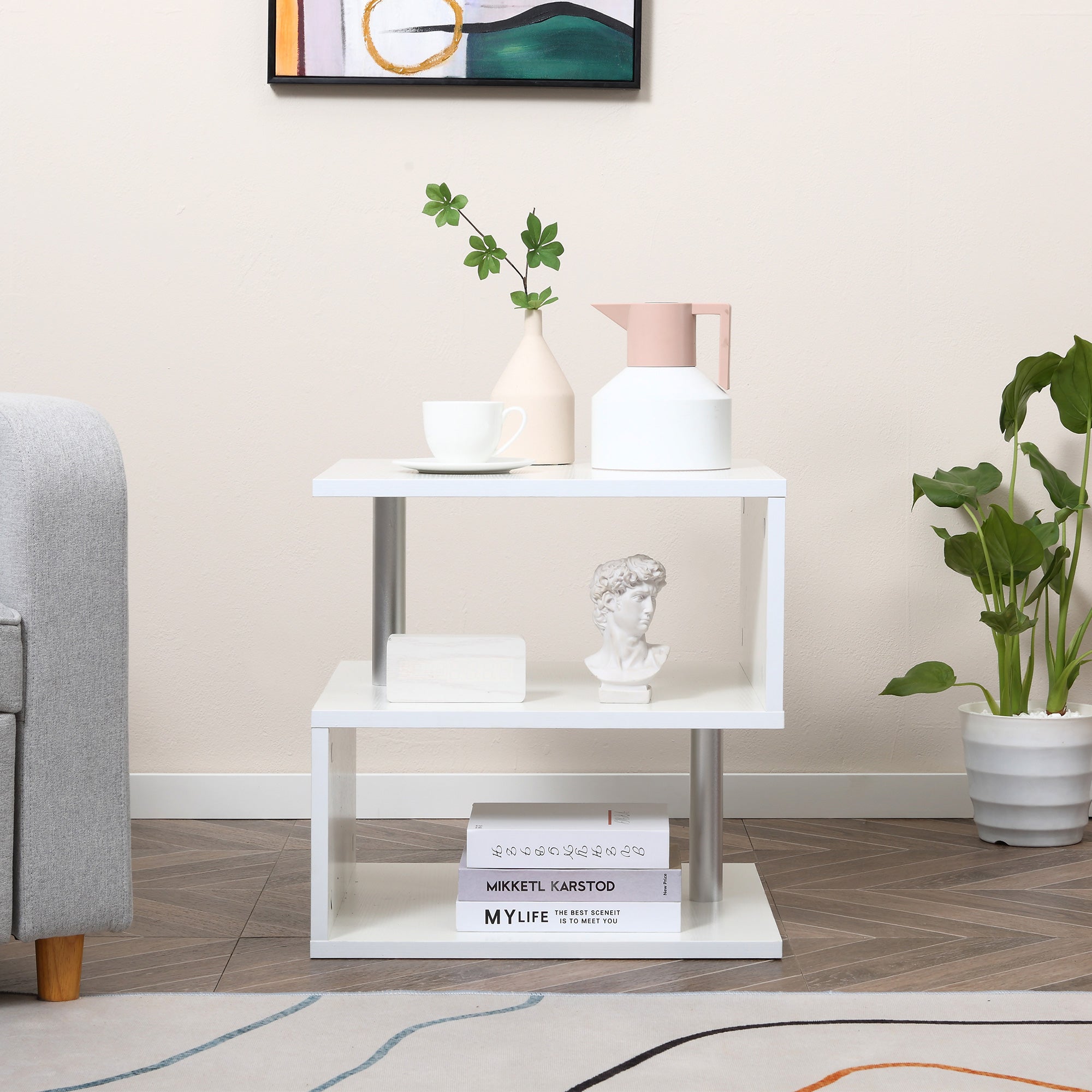 20" Modern S-Shaped Multi-Level Accent End Table Shelf with Steel Poles, White