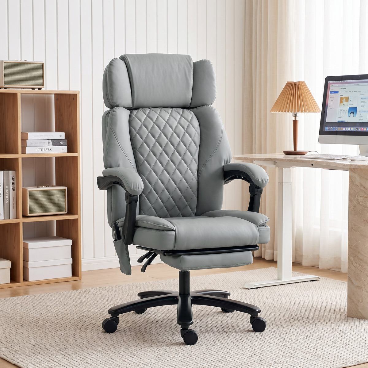 Massage Office Chair with Heat, 400lbs Heavy Duty Desk Chair with Adjustable Headrest, Reclining, Footrest, Light Gray