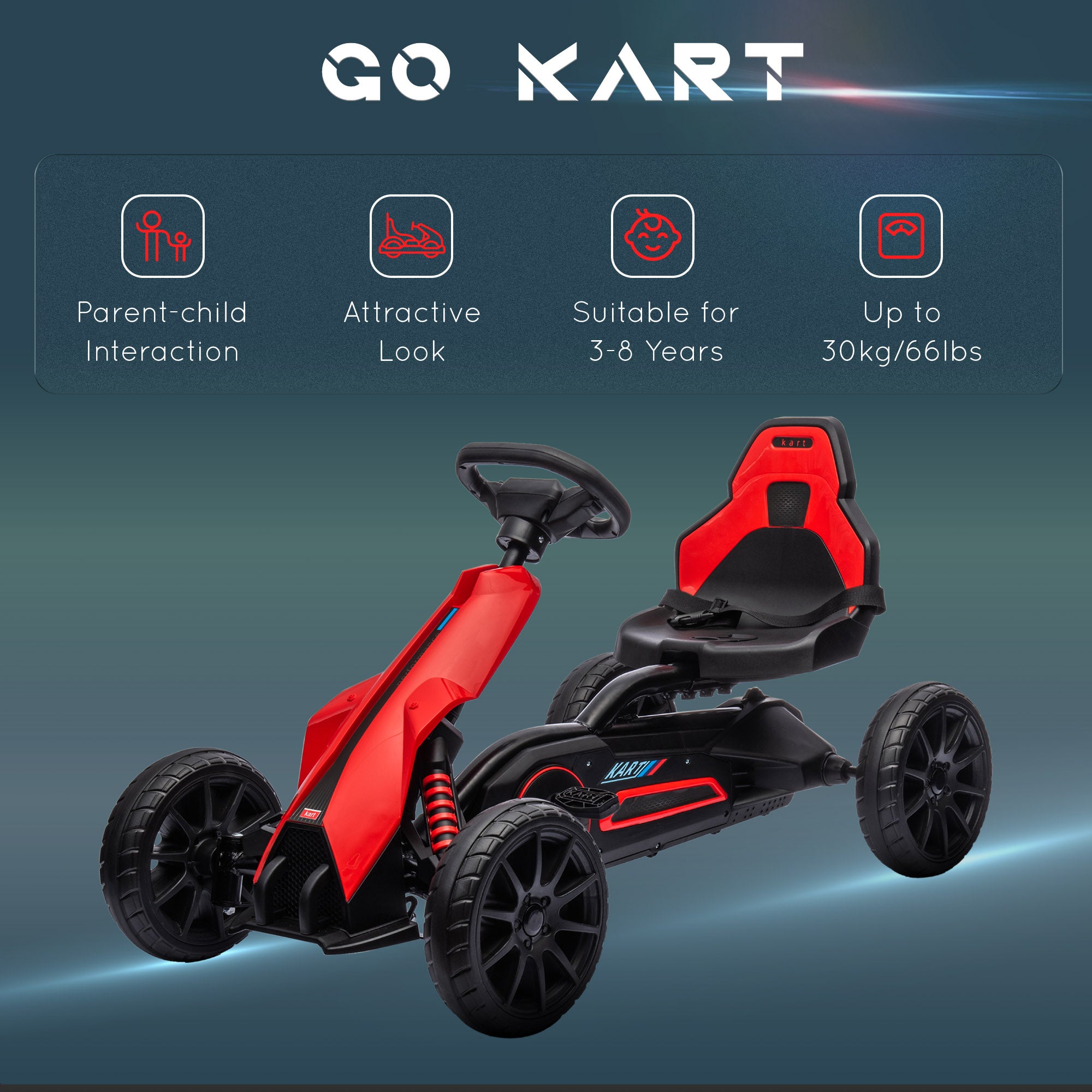Kids Pedal Go Kart W/ Adjustable Seat, Swing Axle, Red