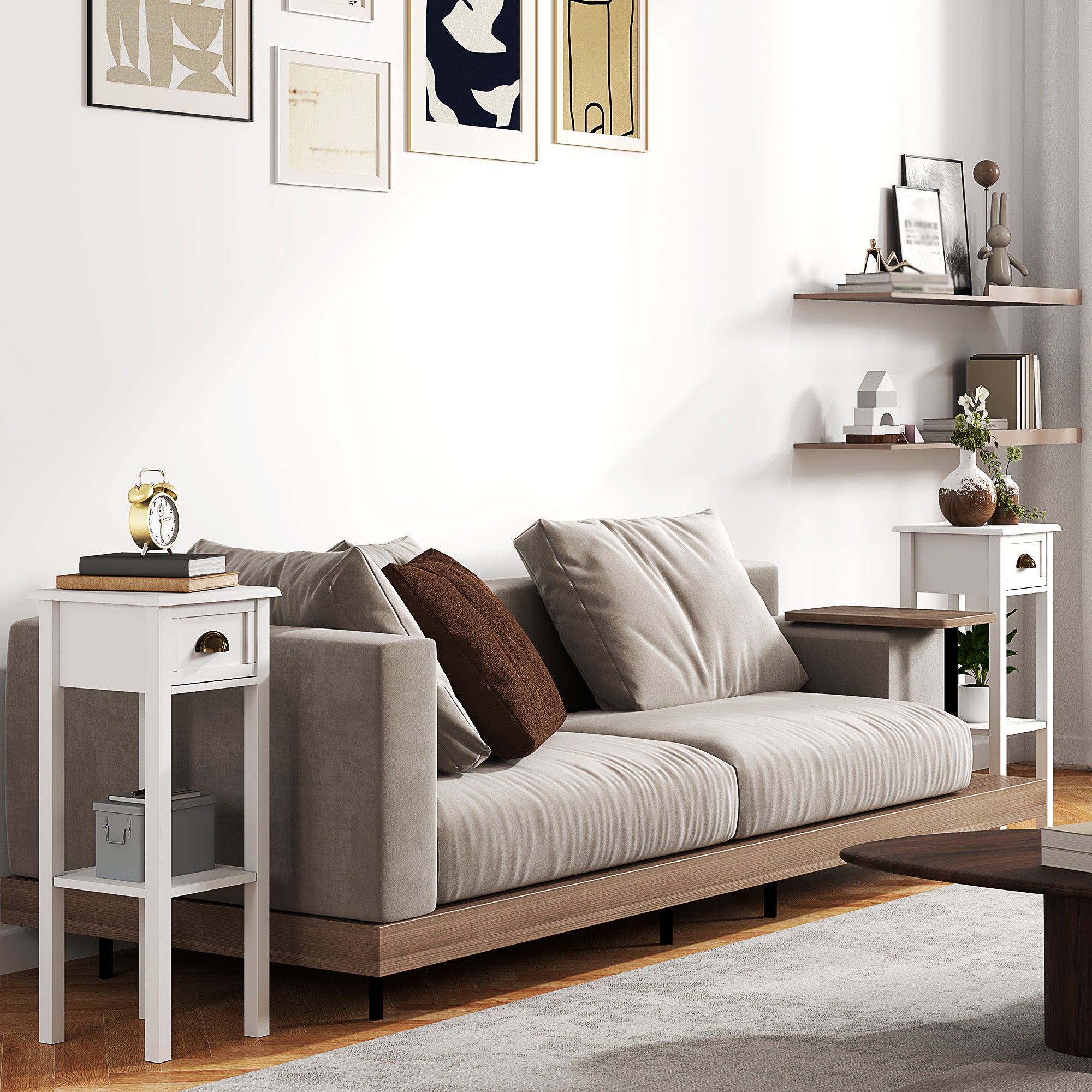 2-Tier Side Tables Set of 2 with Drawer and Shelf, 2 Pieces End Tables for Living Room and Hallway, White