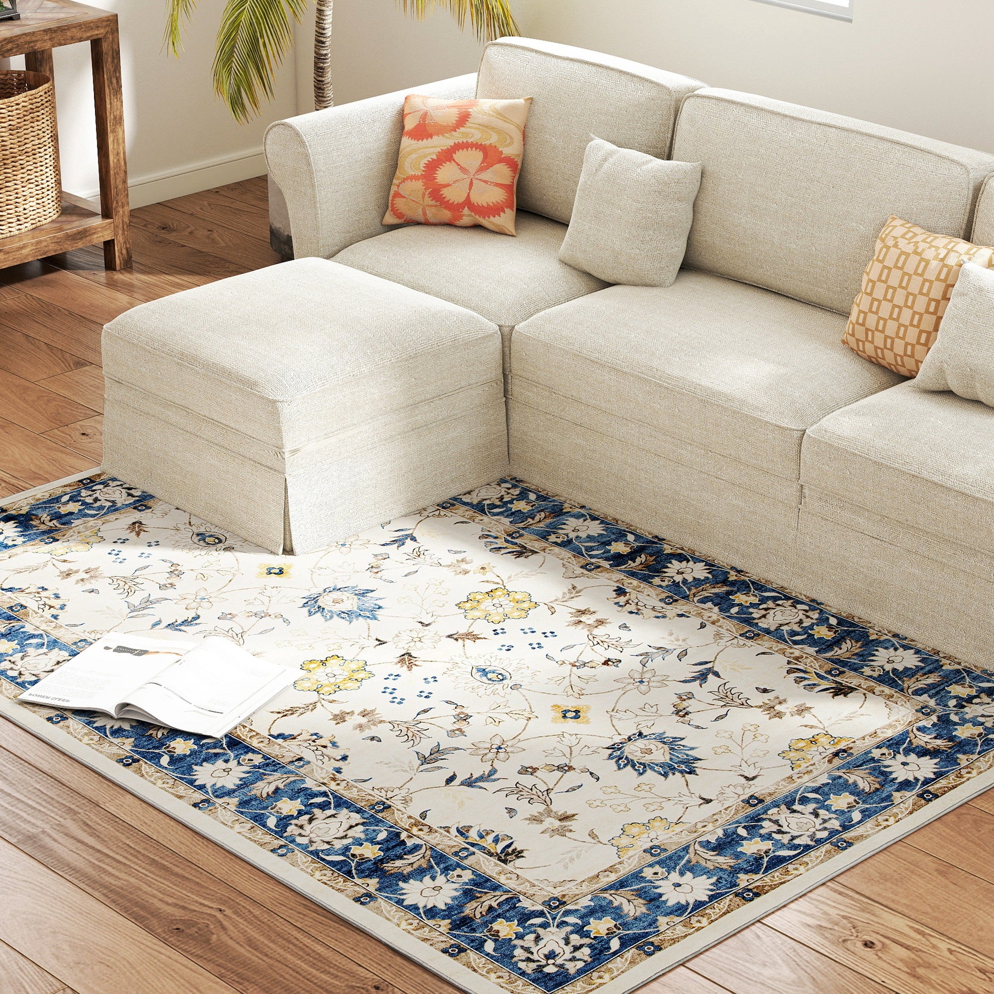 Machine Washable Area Rug 4x6, Non-Slip Boho Floral Print Floor Carpet for Living Room, Bedroom, Dining Room, Blue