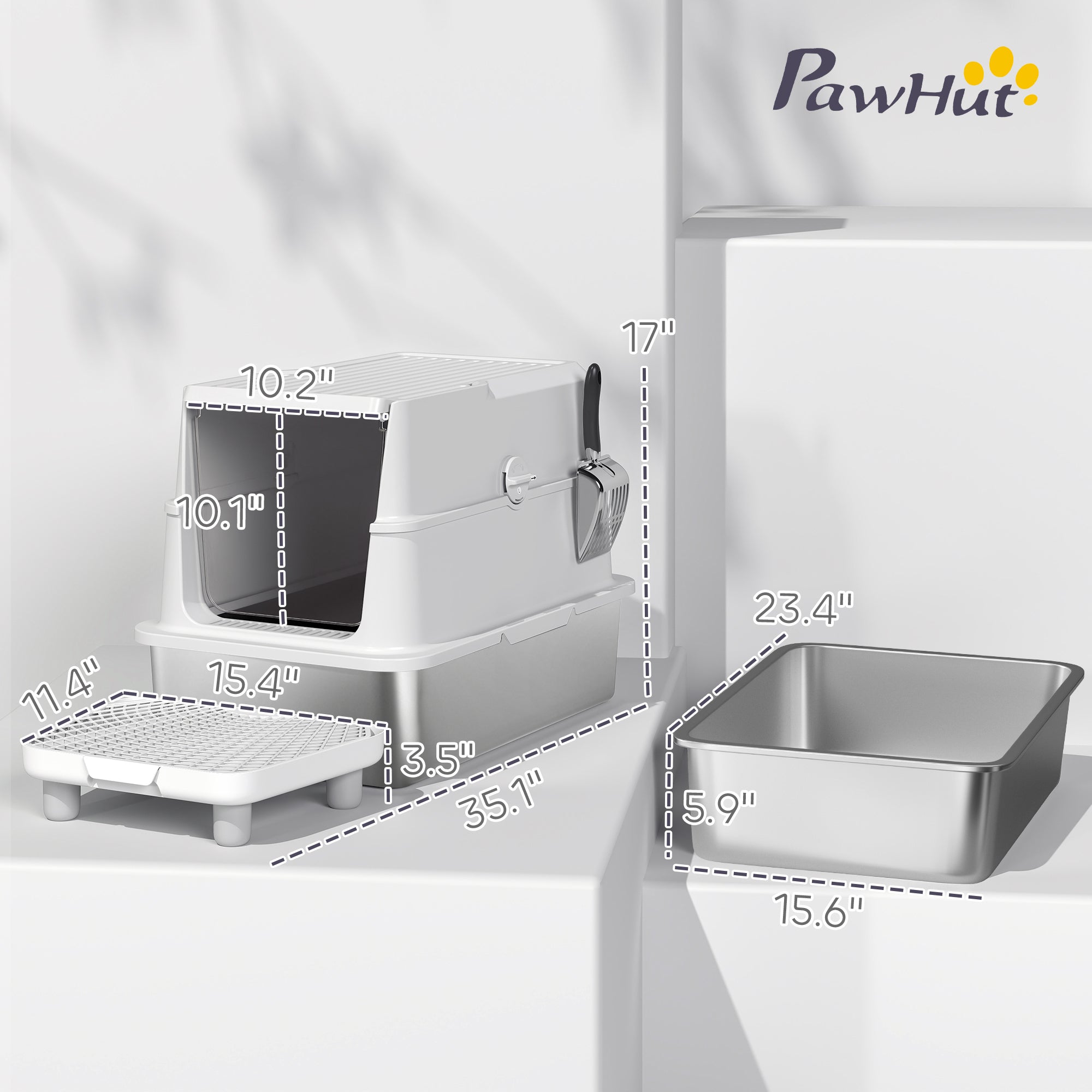 Extra Large Stainless Steel Cat Litter Box for Big Cats with Flip Cover, High-Sided Enclosure & Scoop - Light Gray - Image 3