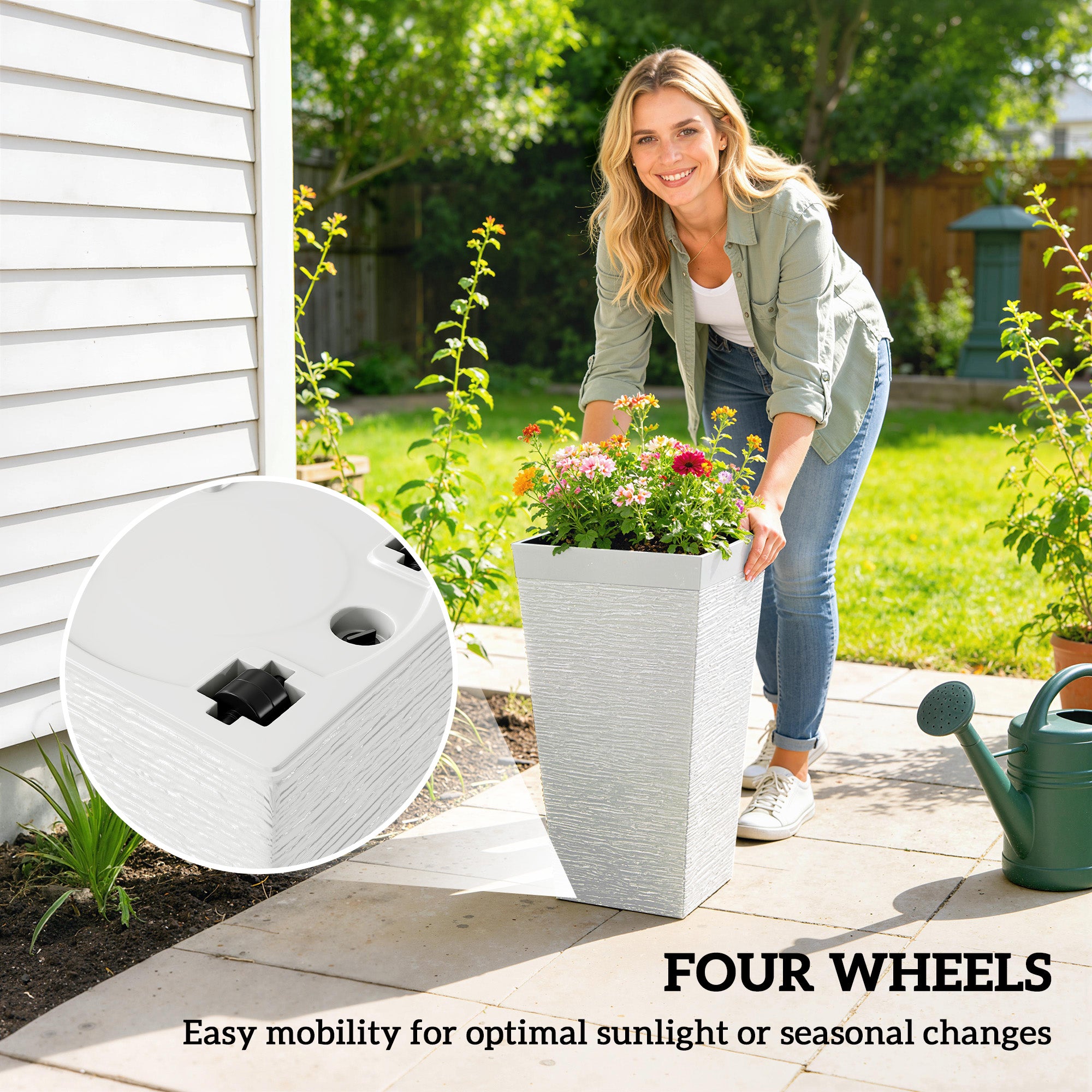 22.8 Inch Set of 3 Outdoor Planters with Stone Finish and Wheels, Stackable Tapered Planters with Drainage Hole, White - White - Image 7