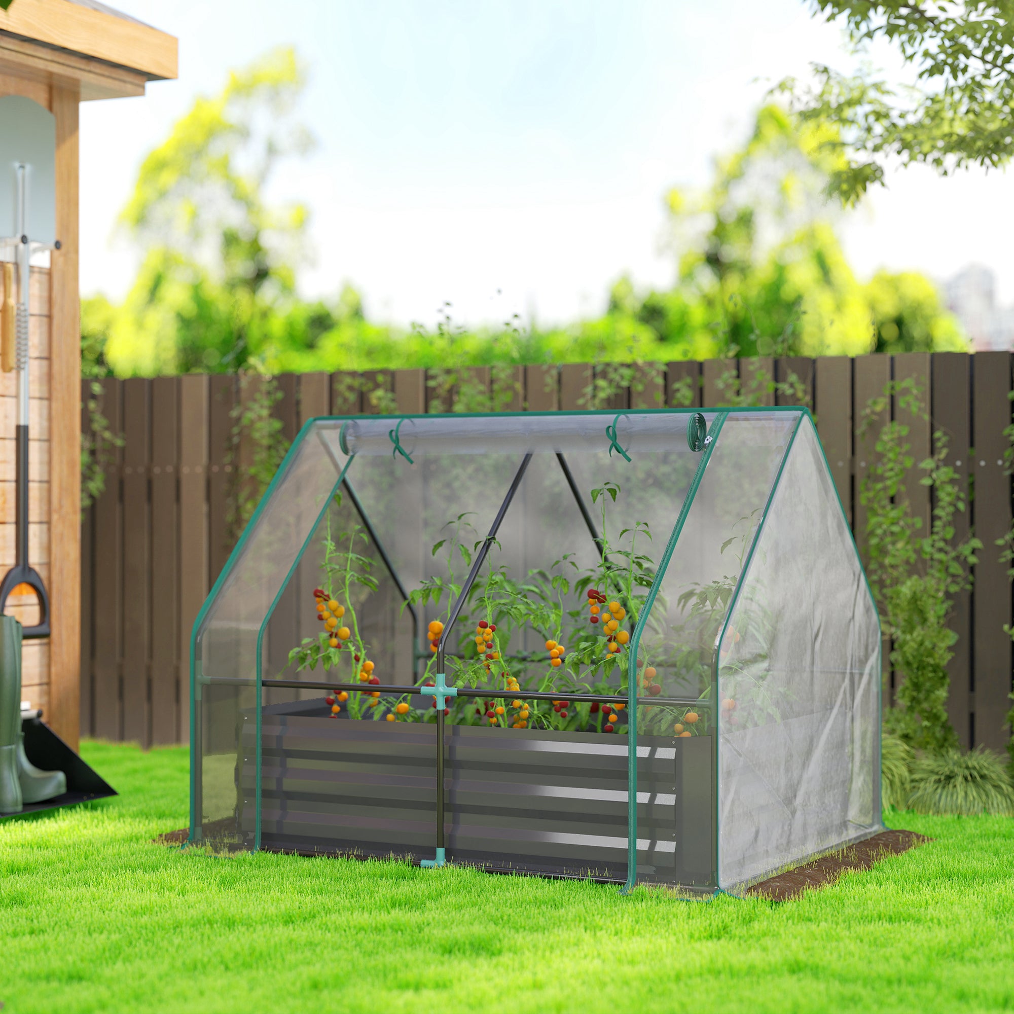 4 x 3 x 1ft Raised Garden Bed with Mini Greenhouse, Galvanized Raised Garden Bed with Cover, Clear and Dark Gray - Clear and Dark Gray - Image 2