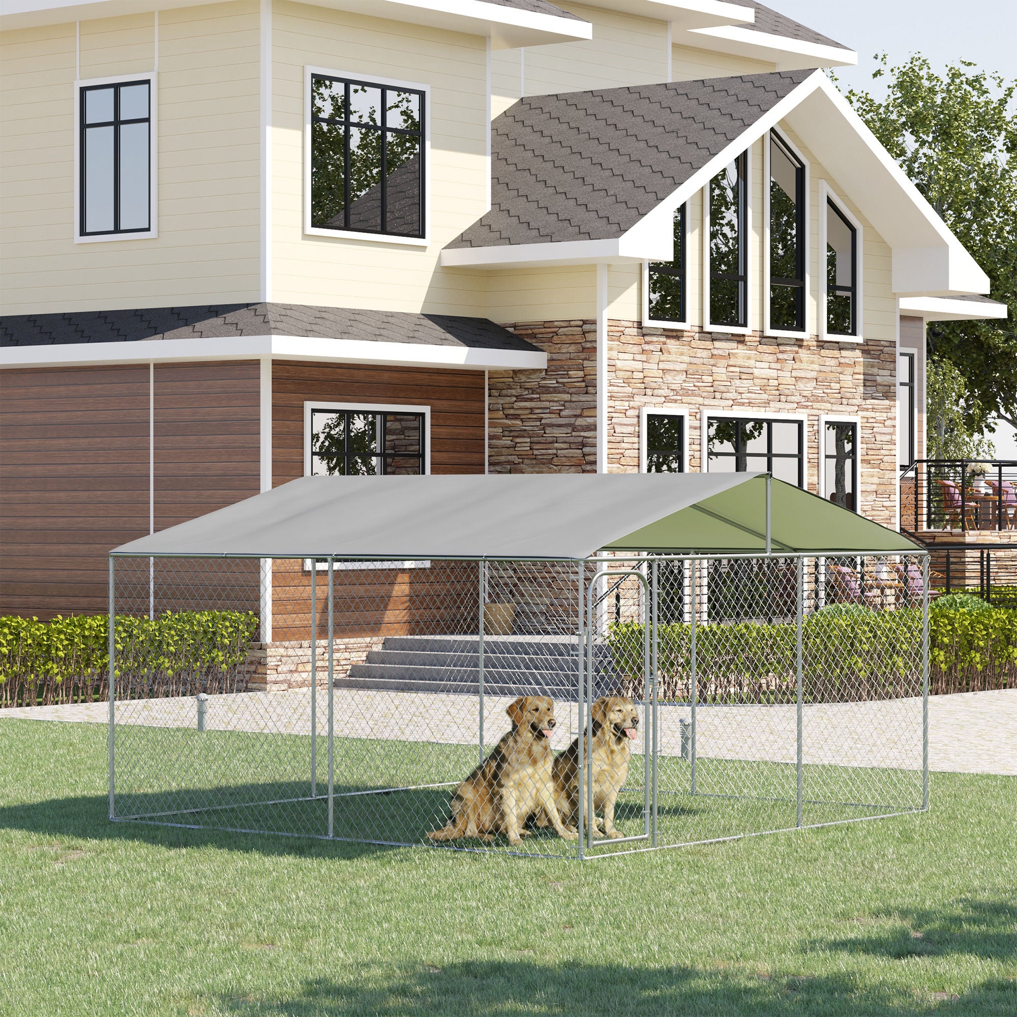 Dog Kennel Outdoor Dog Run w/ Canopy, 13' x 13' x 7.5' - Silver - Image 2