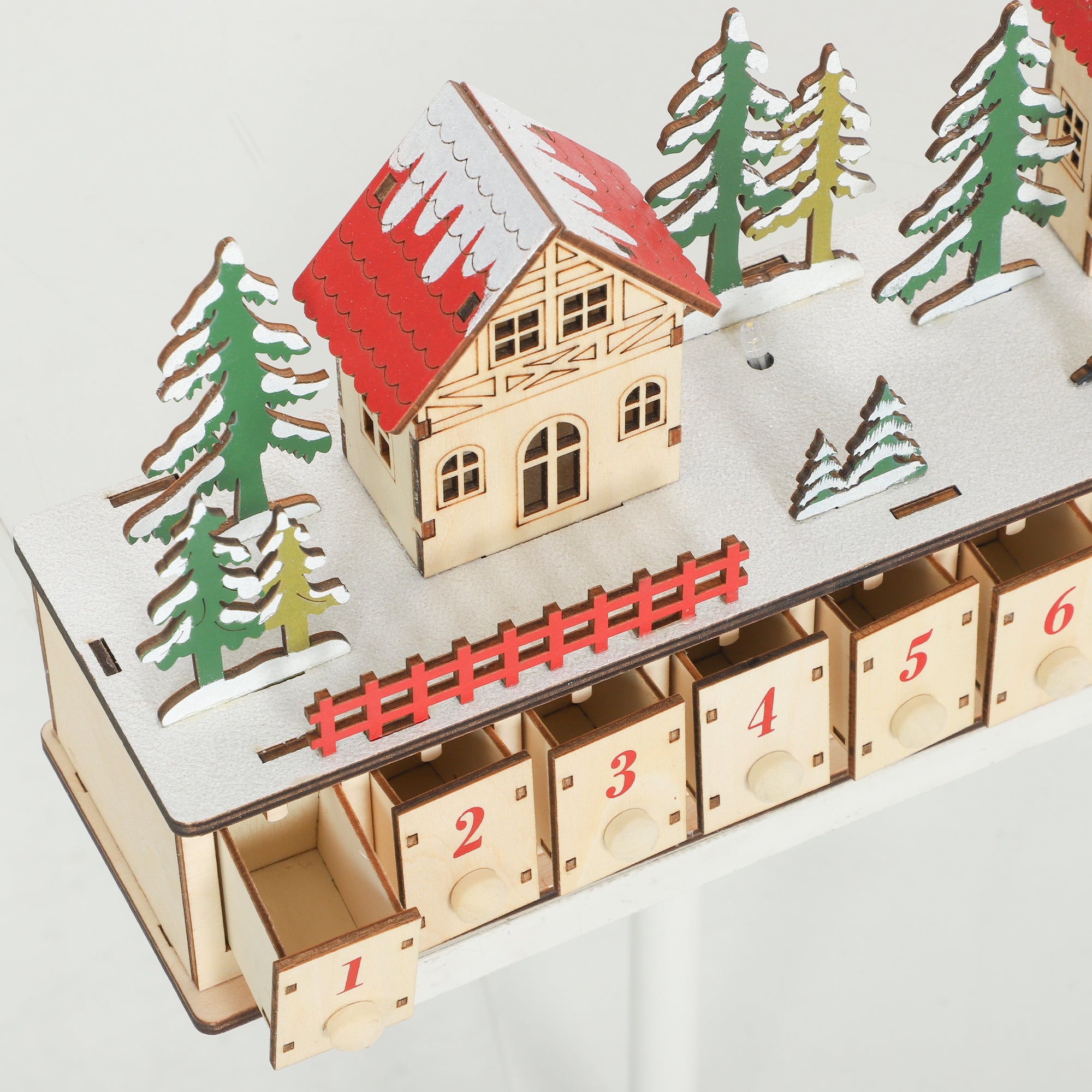 Christmas Advent Calendar with 24 Countdown Drawers and LED Lights, Wood-Effect Advent Calendar, Battery Operated