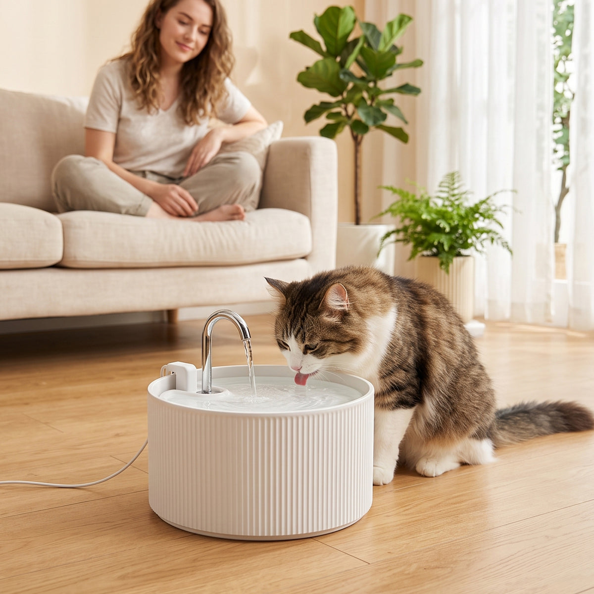 Ceramic Cat Water Fountain, 2.2L/74oz Pet Water Fountain with Ultra-Quiet Pump, 4-Layer Filtration, Faucet, White