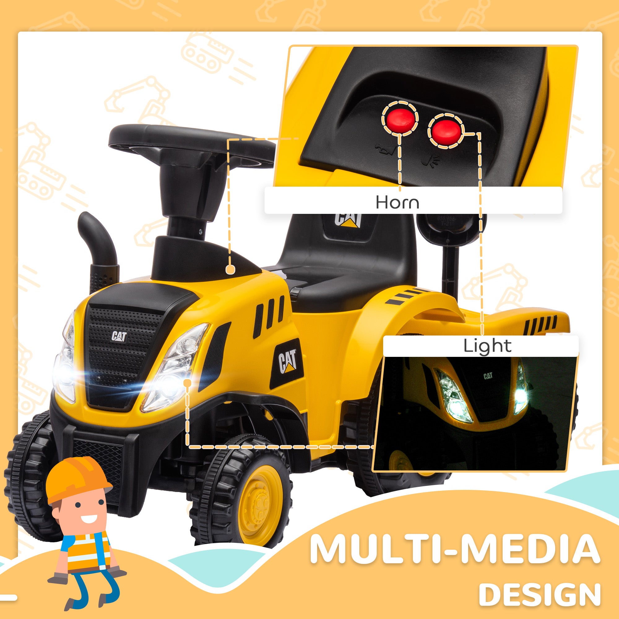 Caterpillar Licensed Ride-On Construction Toy with Shovel & Trailer, No Power Ride-on Tractor for 18-36 Months