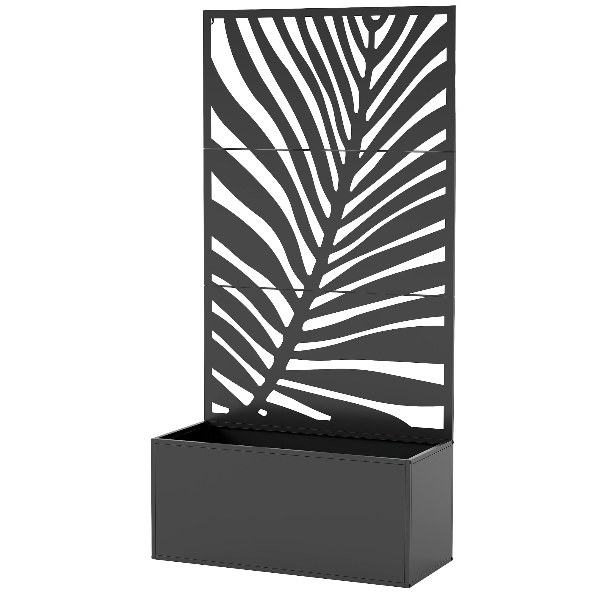 Metal Planter Box with Trellis, Raised Garden Bed with Trellis Large Leaf Cut-Out Privacy Screen for Climbing Plants - Black
