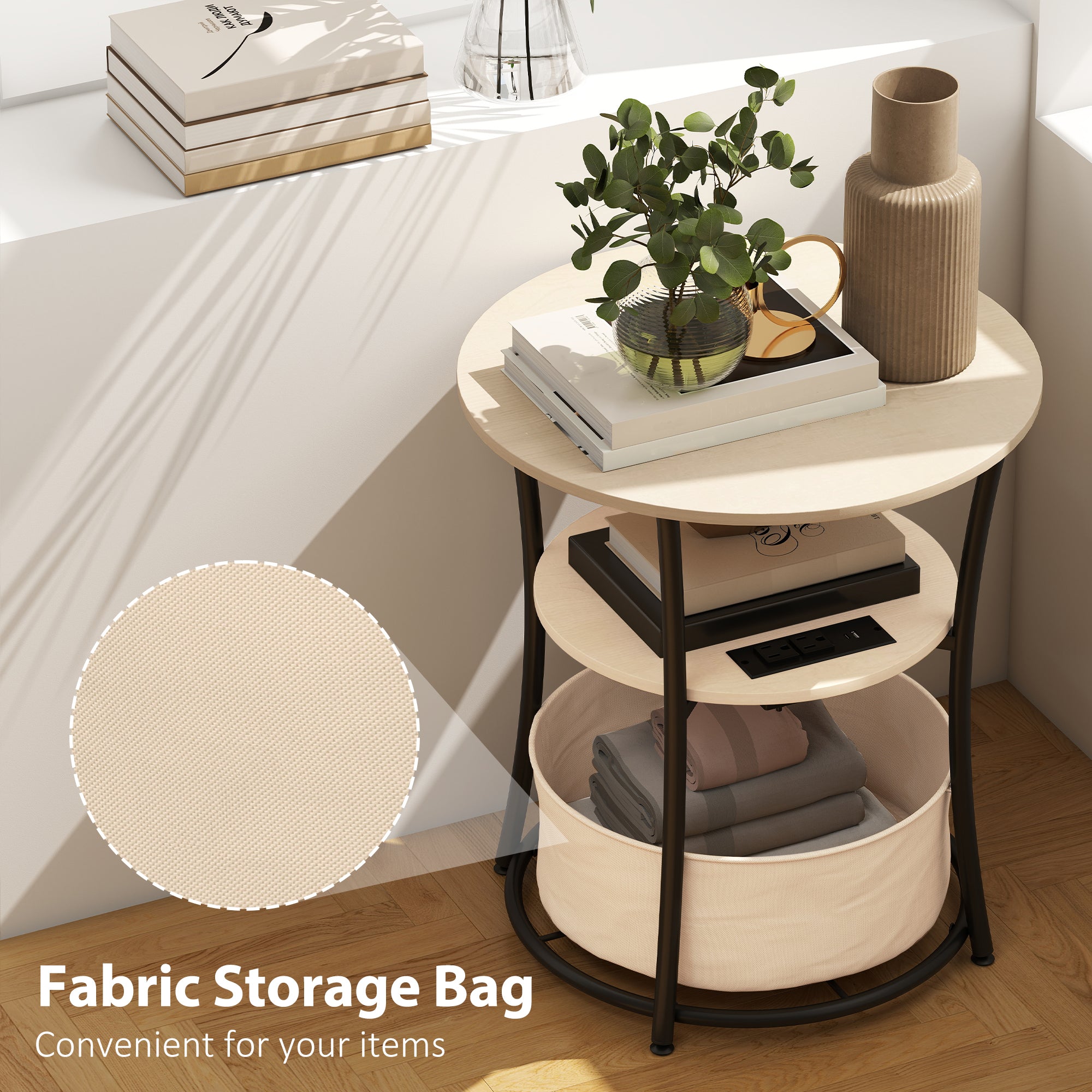 Round Side Table with Charging Station, 3-Tier End Table with Fabric Storage Bag and Shelf, Natural Wood