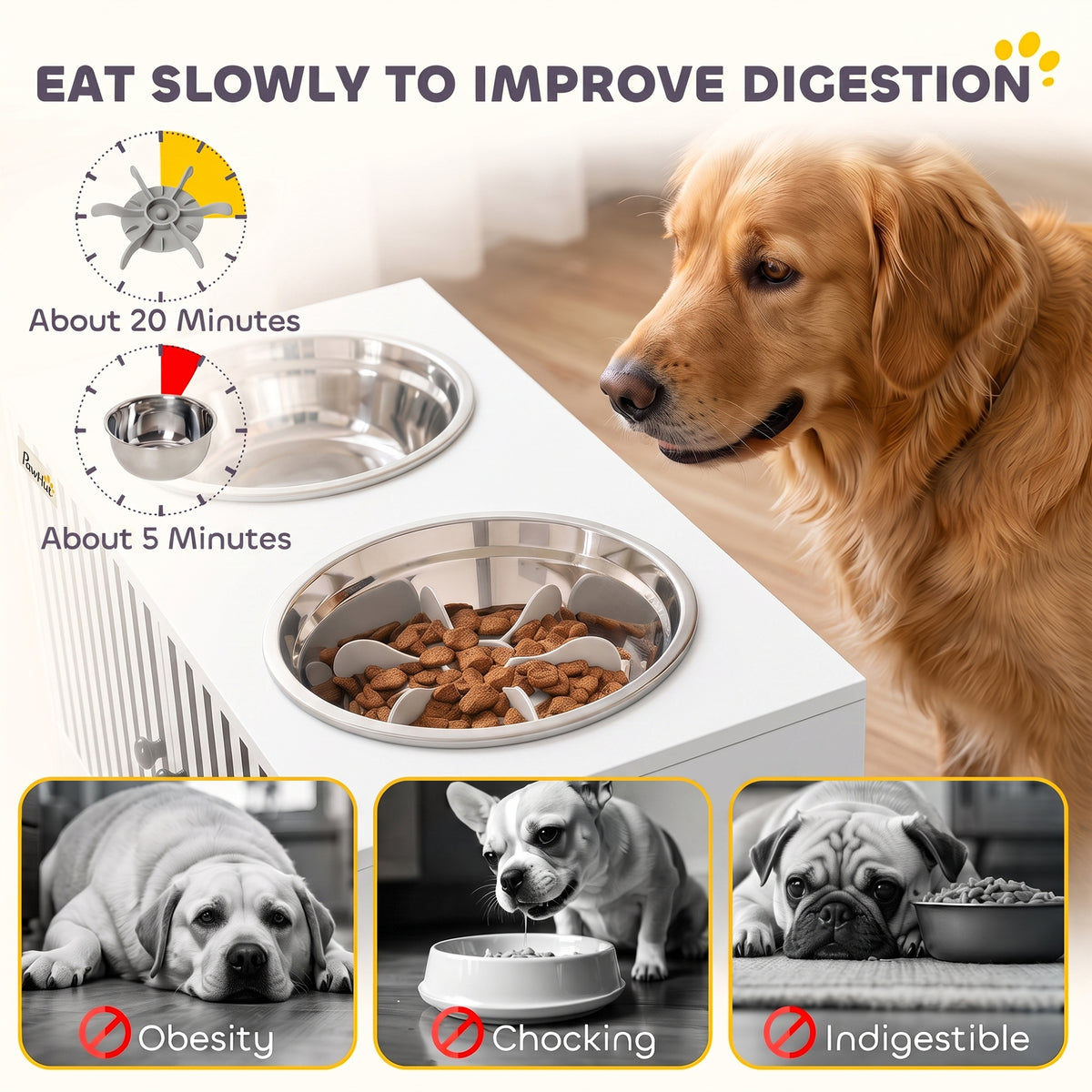 Elevated Dog Bowls with Storage Cabinet, 2 Stainless Steel Bowls, Slow Feeder, Dog Feeding Station for Large Dogs, White