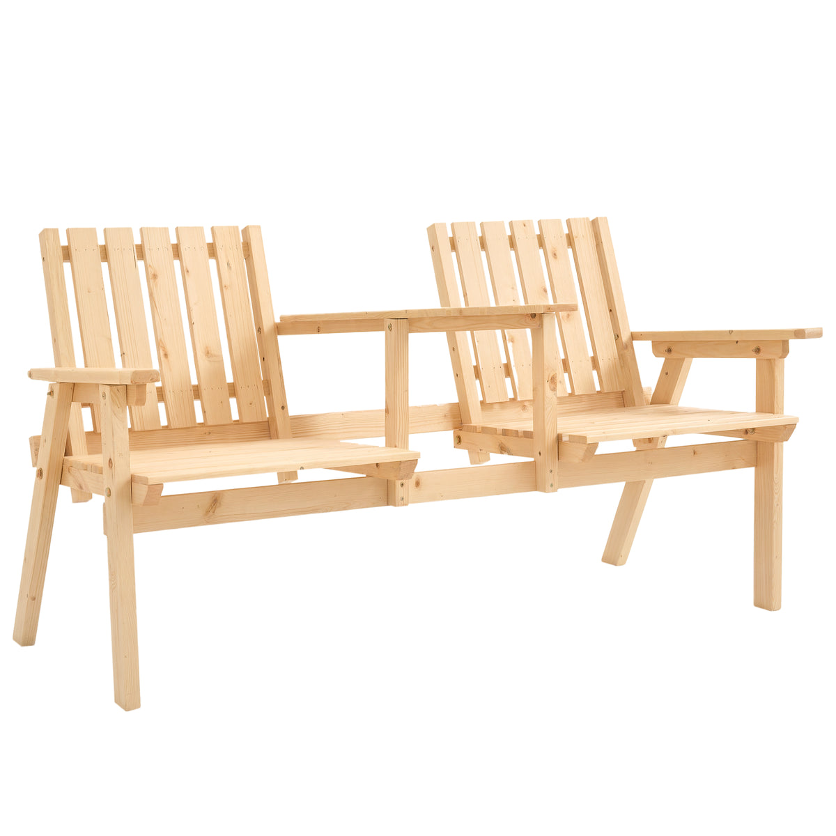 Patio Bench, Garden Bench with Middle Table and Umbrella Hole, Wooden Outdoor Bench for Patio, Porch, Poolside, Balcony, Natural