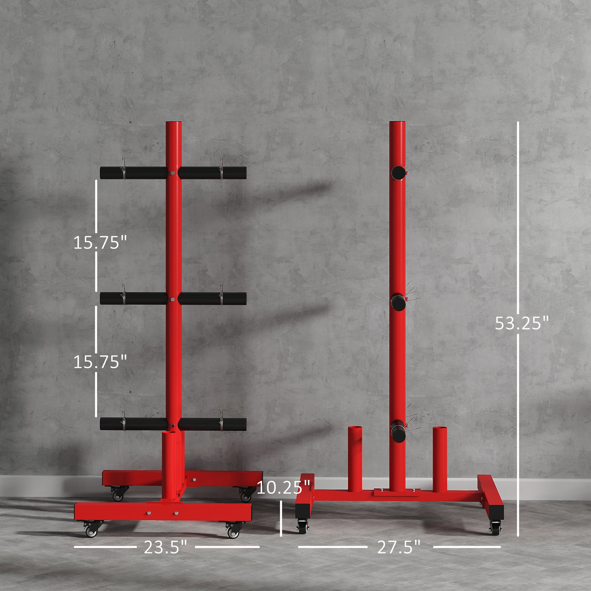 2 Inch Weight Plate Rack, Plate Rack Holder for Olympic Weight Plates and Bars, with 4 Transport Wheels and 6 Fasten Clamps, 440 lbs. Capacity, Red