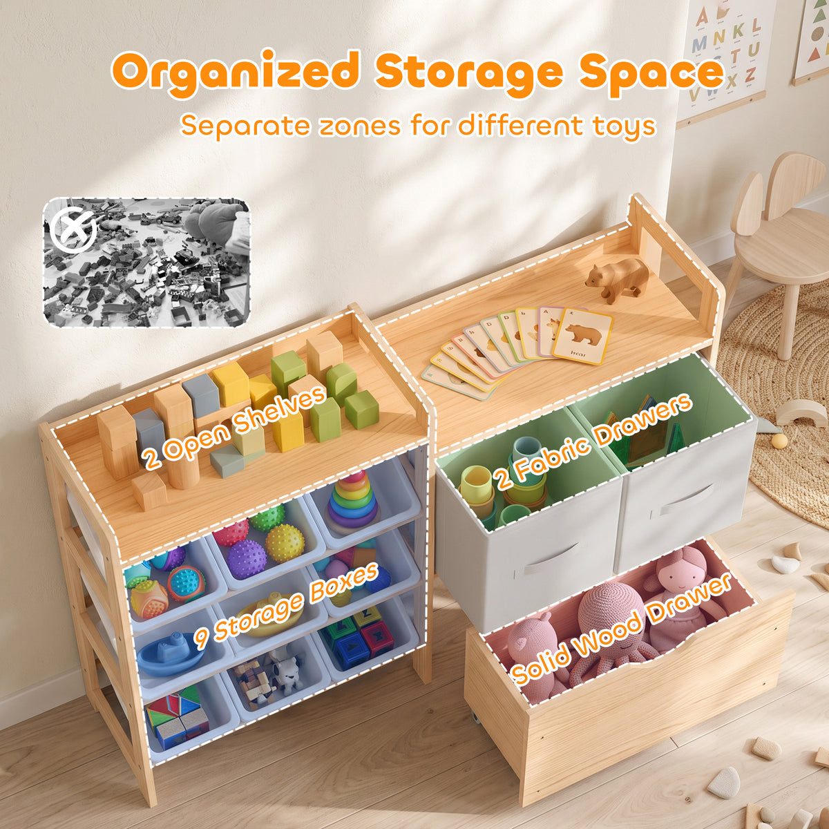 Wooden Toy Storage Organizer with Rolling Toy Chest, 2 Fabric Drawers, 2 Shelves, 9 Bins for Bedroom, Playroom, Nursery