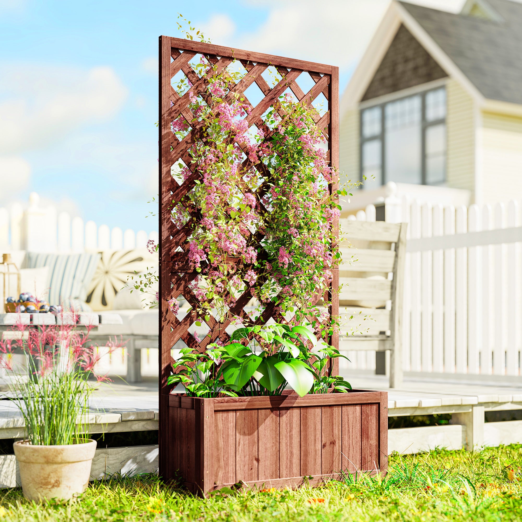 Wooden Raised Garden Bed with Trellis, 59" Outdoor Planter Box with Drainage Holes, Planter Raised Bed for Climbing Vine Plants Flowers, Orange - Orange - Image 2