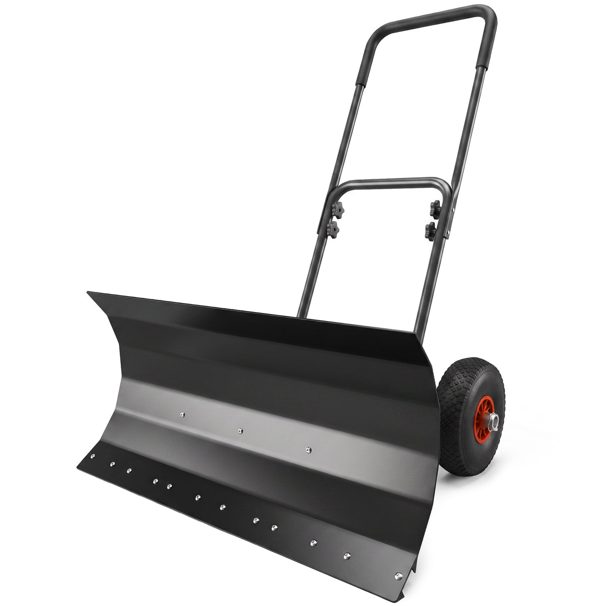Snow Shovel with Wheels, 29" x 16.5" Metal Snow Pusher with Adjustable Handle, 5-Angle Blade for Driveway, Black