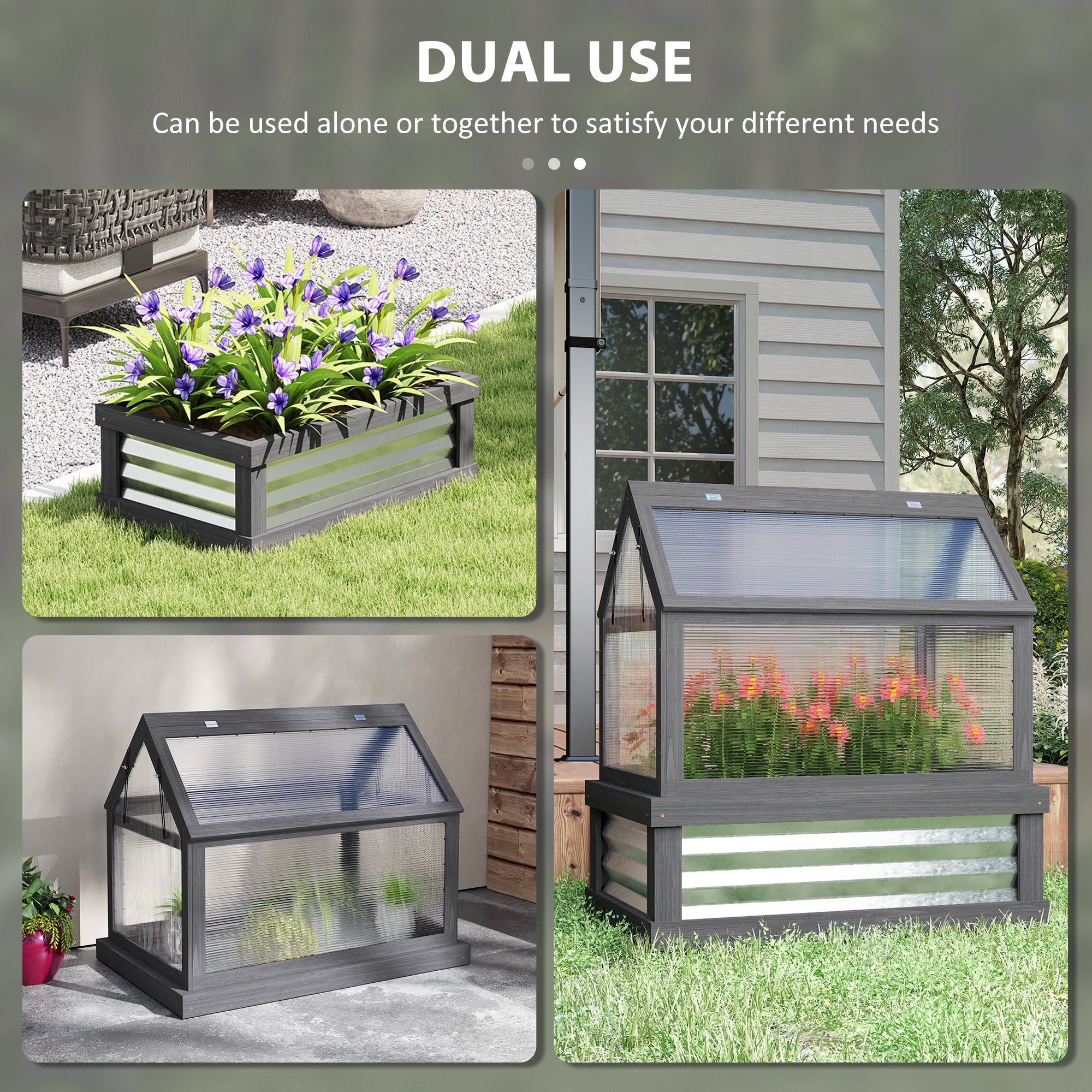 Raised Garden Flower Bed Kit with Greenhouse, Wooden Cold Frame Planter, 35.5" x 22.5" x 38.25", Gray - Gray - Image 4