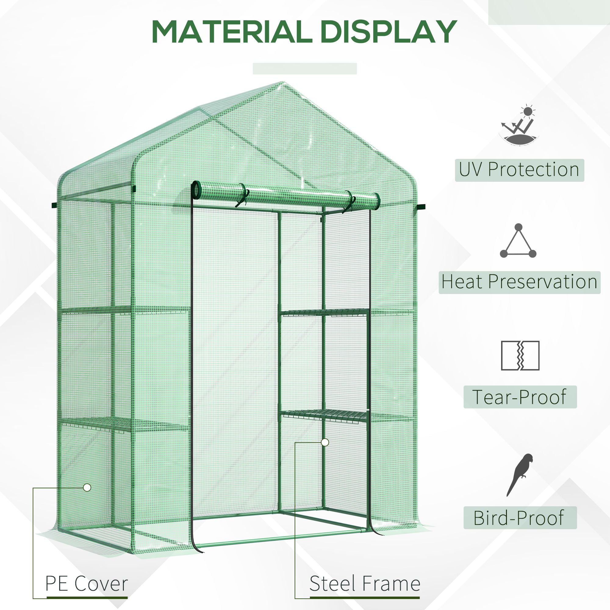 56" x 29" x 77" Walk-in Greenhouse, Garden Hot House with 3 Tier Shleves, Roll-Up Door and PE Cover, Green - Green - Image 4